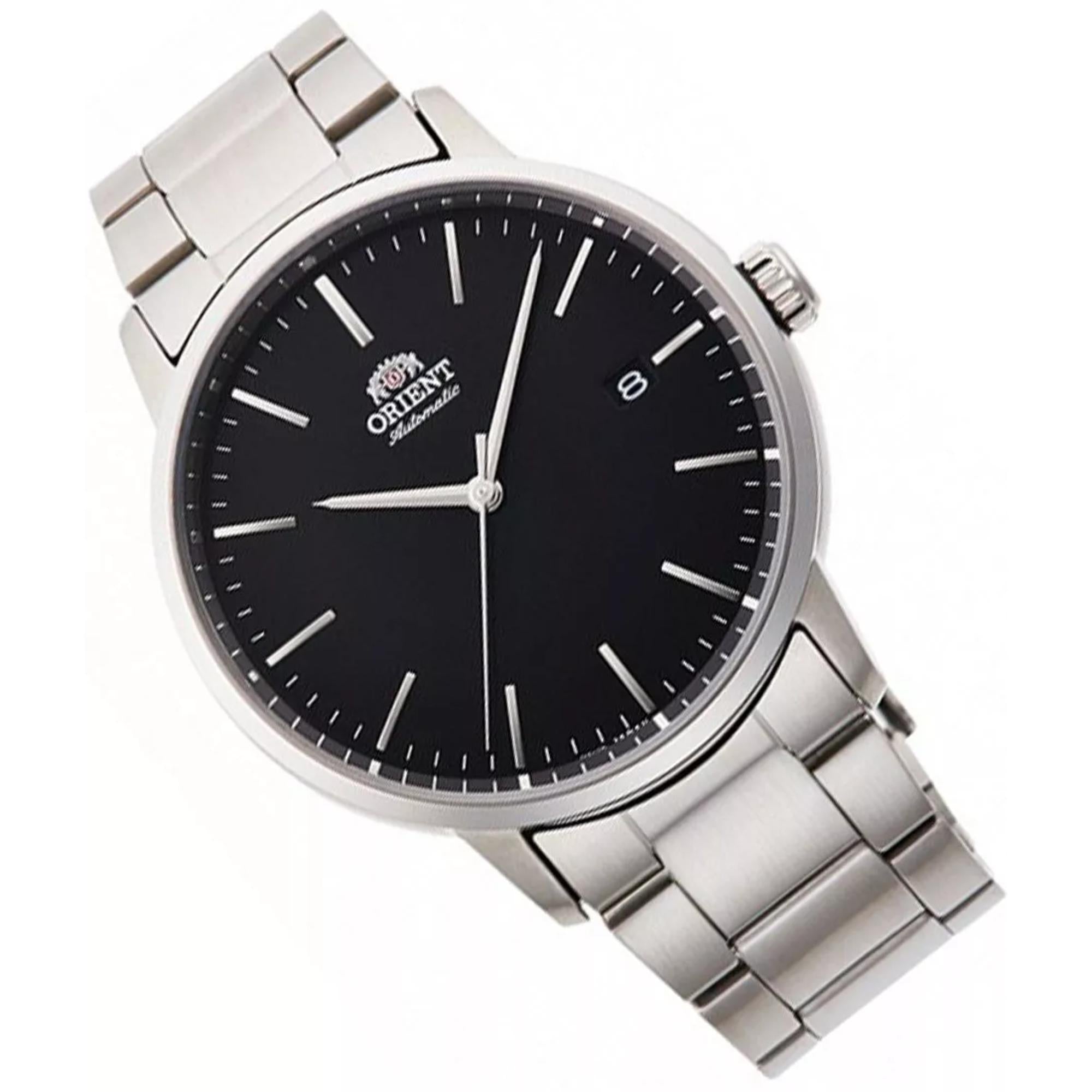 Orient Contemporary RA-AC0E01B30B black dial automatic watch angled front view