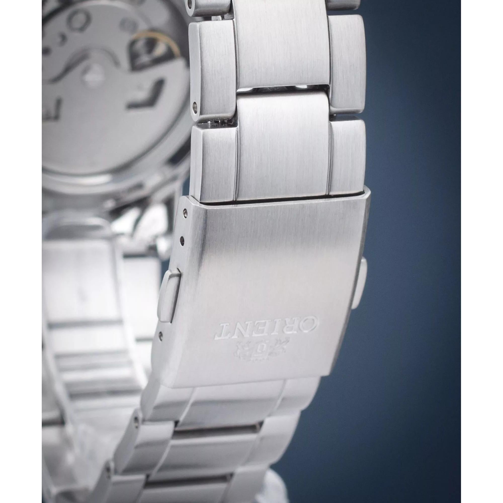 Orient RA-AC0E01B30B stainless steel bracelet and engraved folding clasp detail
