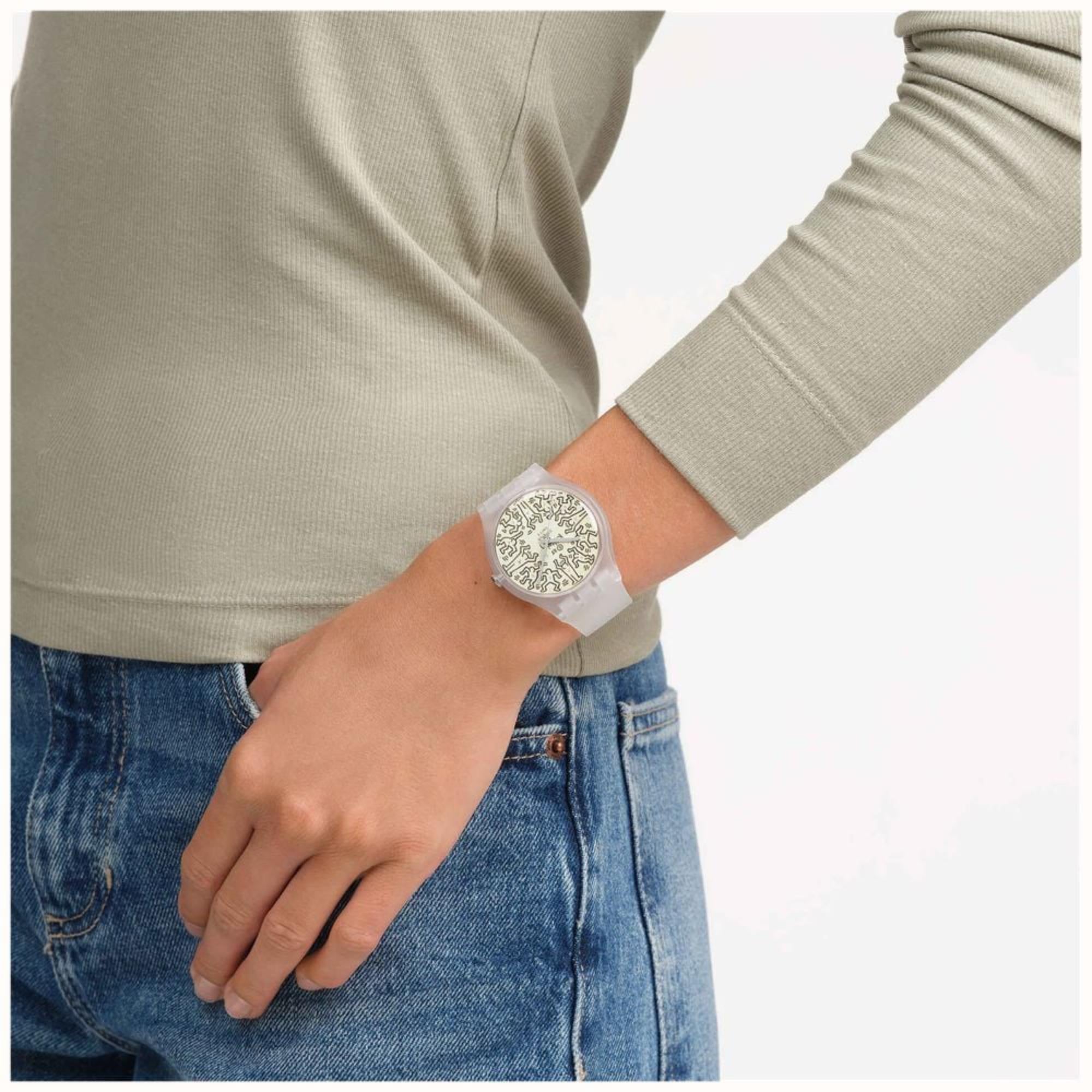 Swatch Quartz Break Free AUS DEM ARCHIV Beige Illustriertes Zifferblatt Transparenter Silikonarmband SO29Z145
