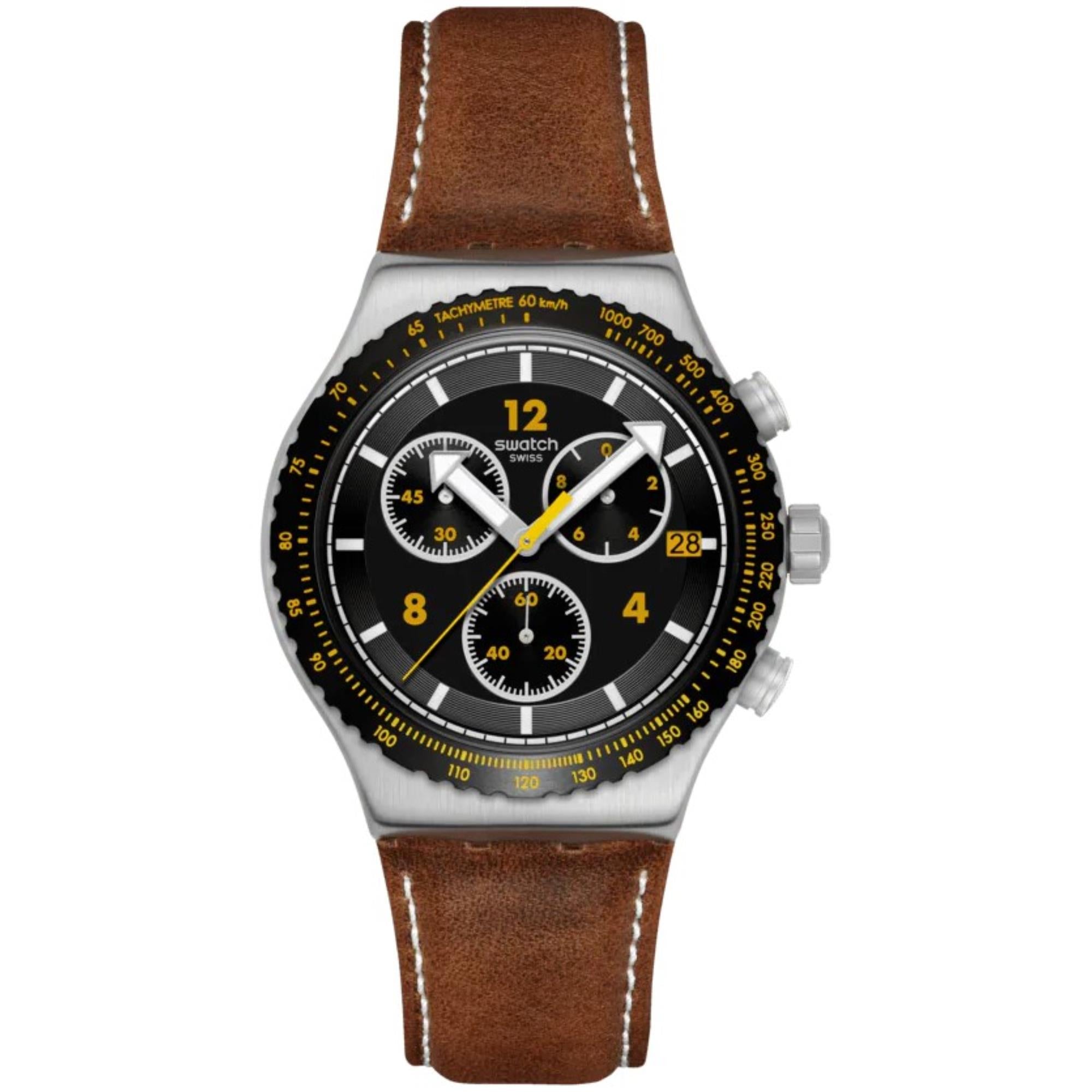 Swatch Canyon Chaser Black Dial Leather Watch YVS530