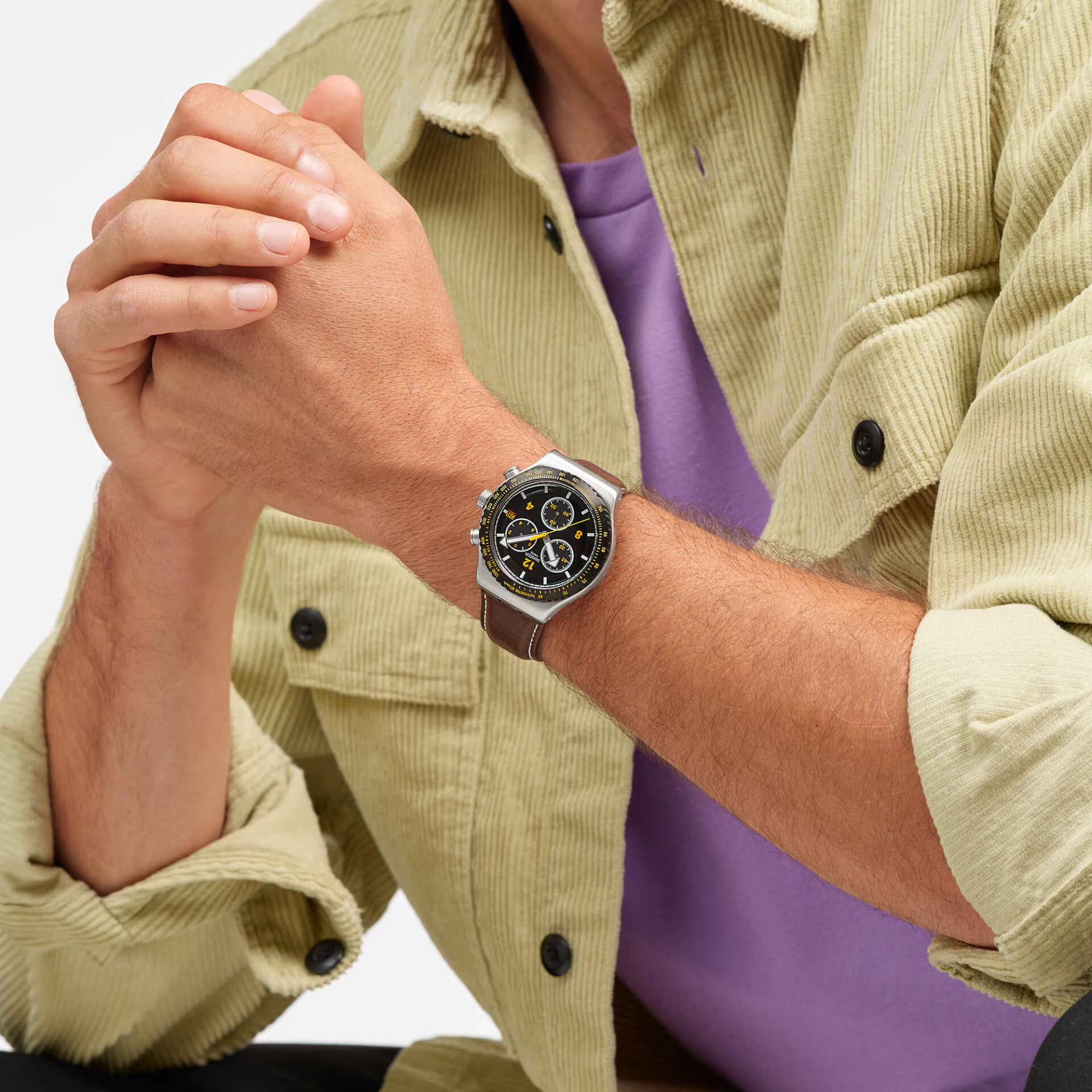 Swatch Canyon Chaser Black Dial Leather Watch YVS530