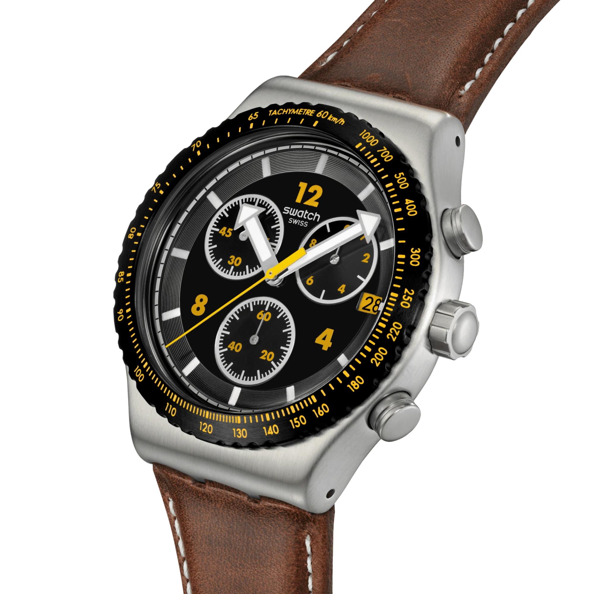 Swatch Canyon Chaser Black Dial Leather Watch YVS530