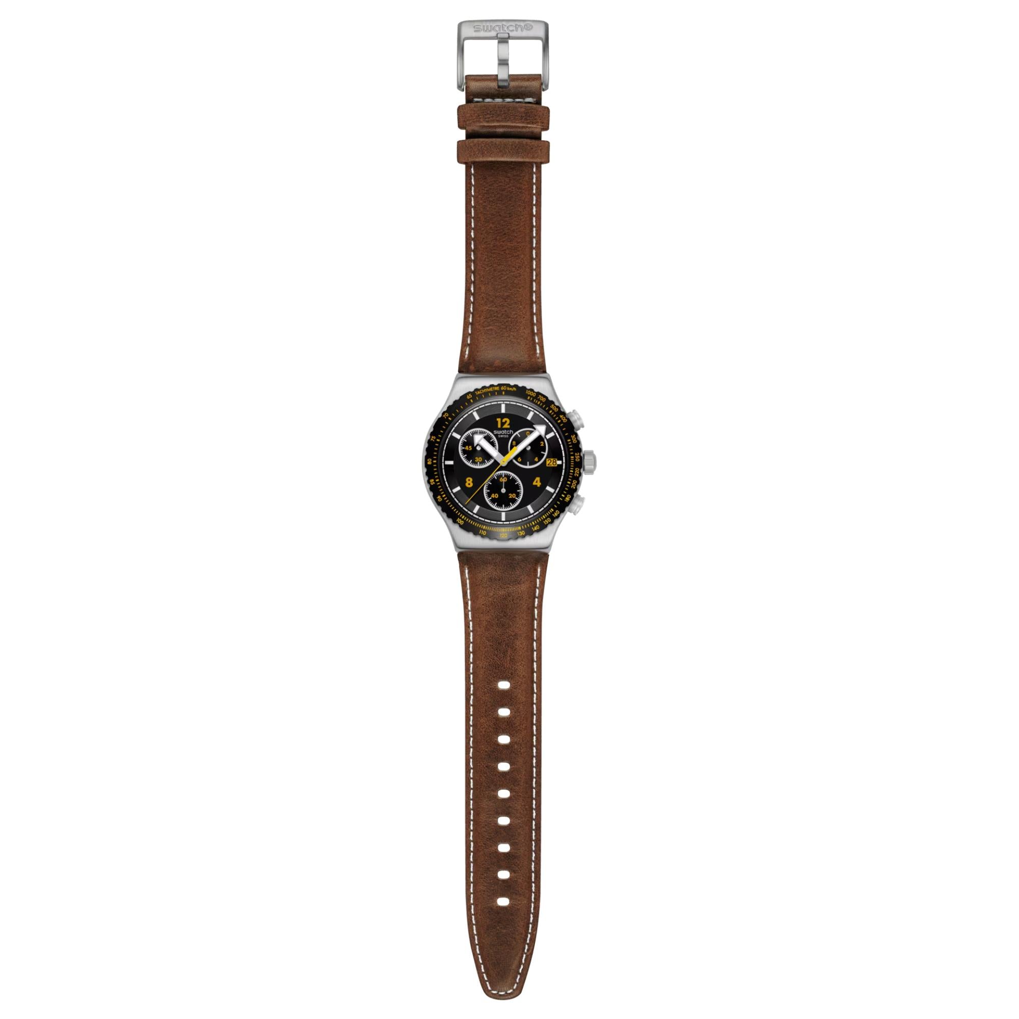 Swatch Canyon Chaser Black Dial Leather Watch YVS530