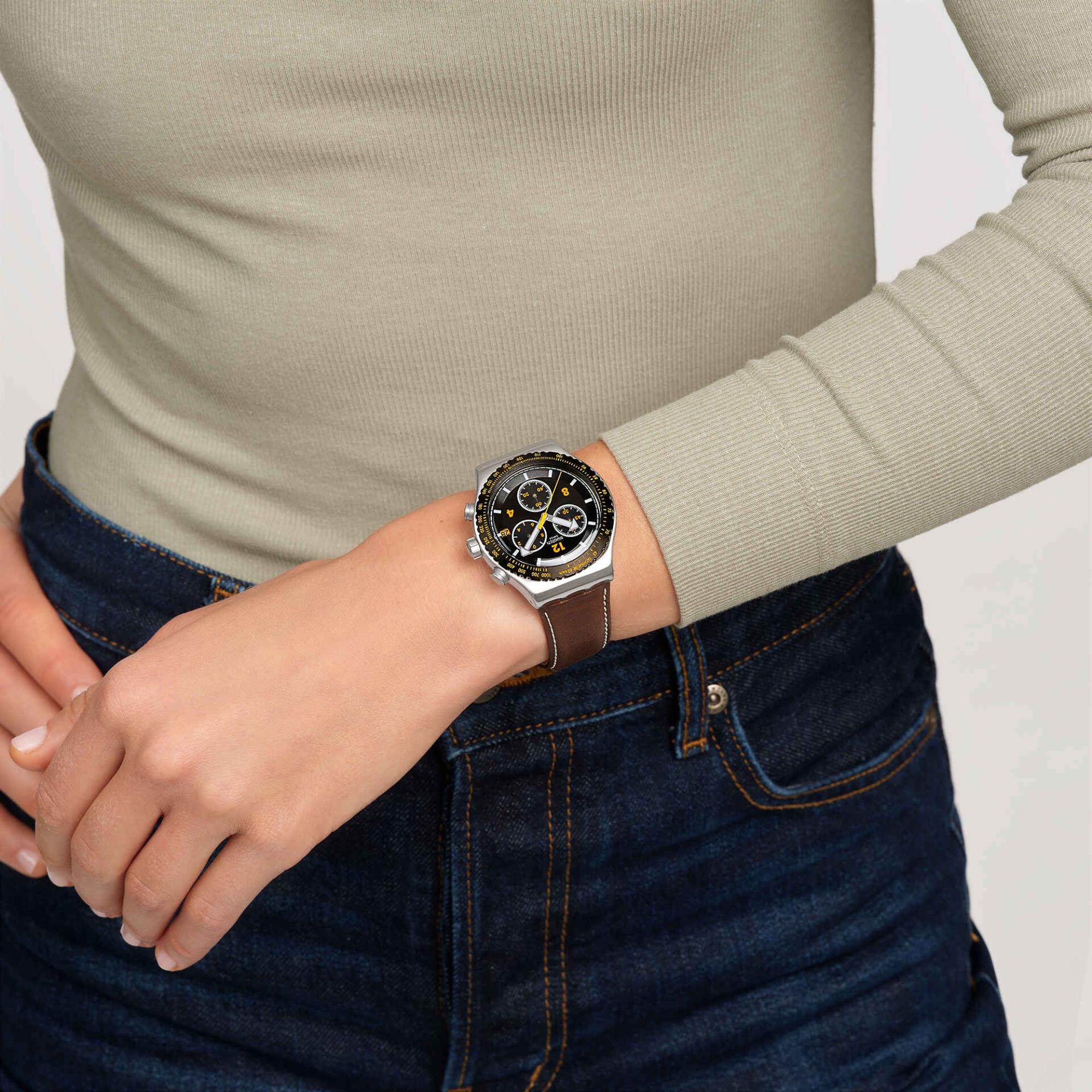 Swatch Canyon Chaser Black Dial Leather Watch YVS530