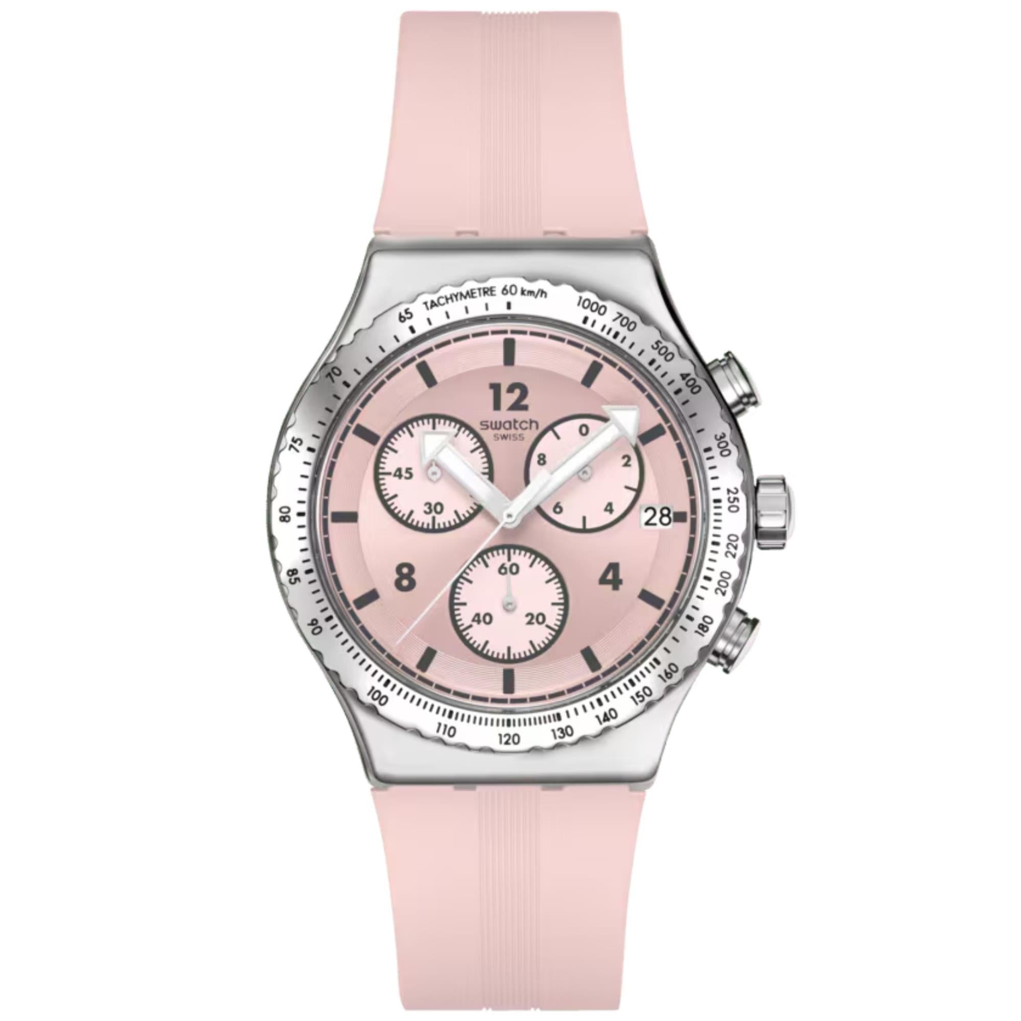 Swatch Poppingly Pinkes Zifferblatt Silikon Uhr YVS532