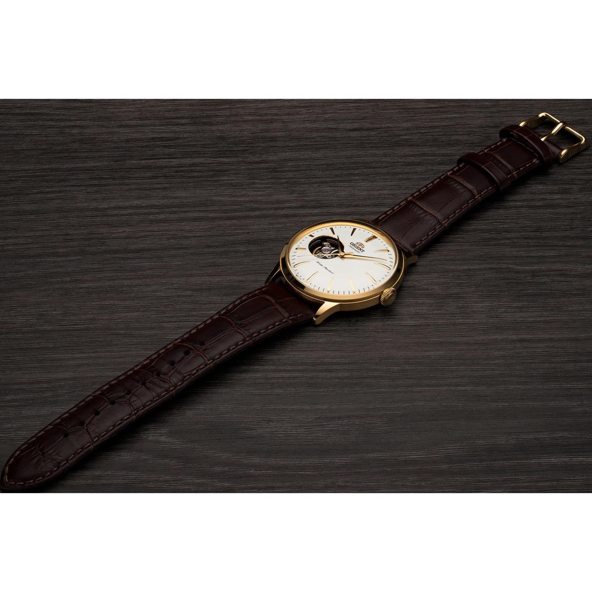 Orient Bambino 40.5mm Open Heart White Dial Leather Automatic Mens Watch RA-AG0003S30B