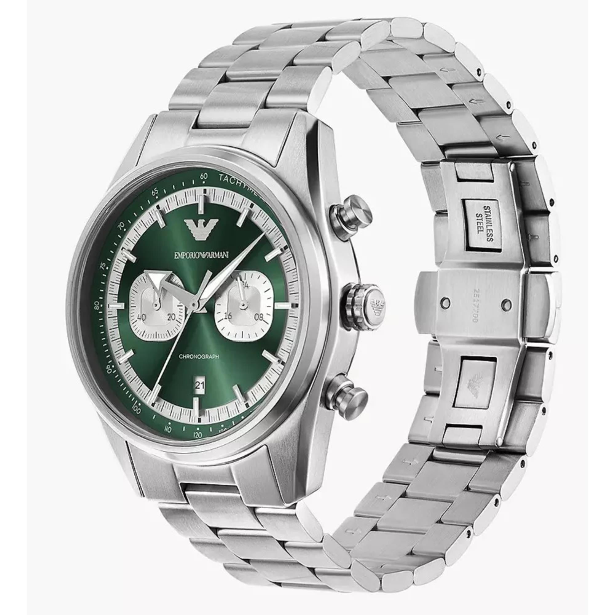 Emporio Armani Racer 42mm Chronograph mit grünem Zifferblatt Herren Quarz Uhr AR11637
