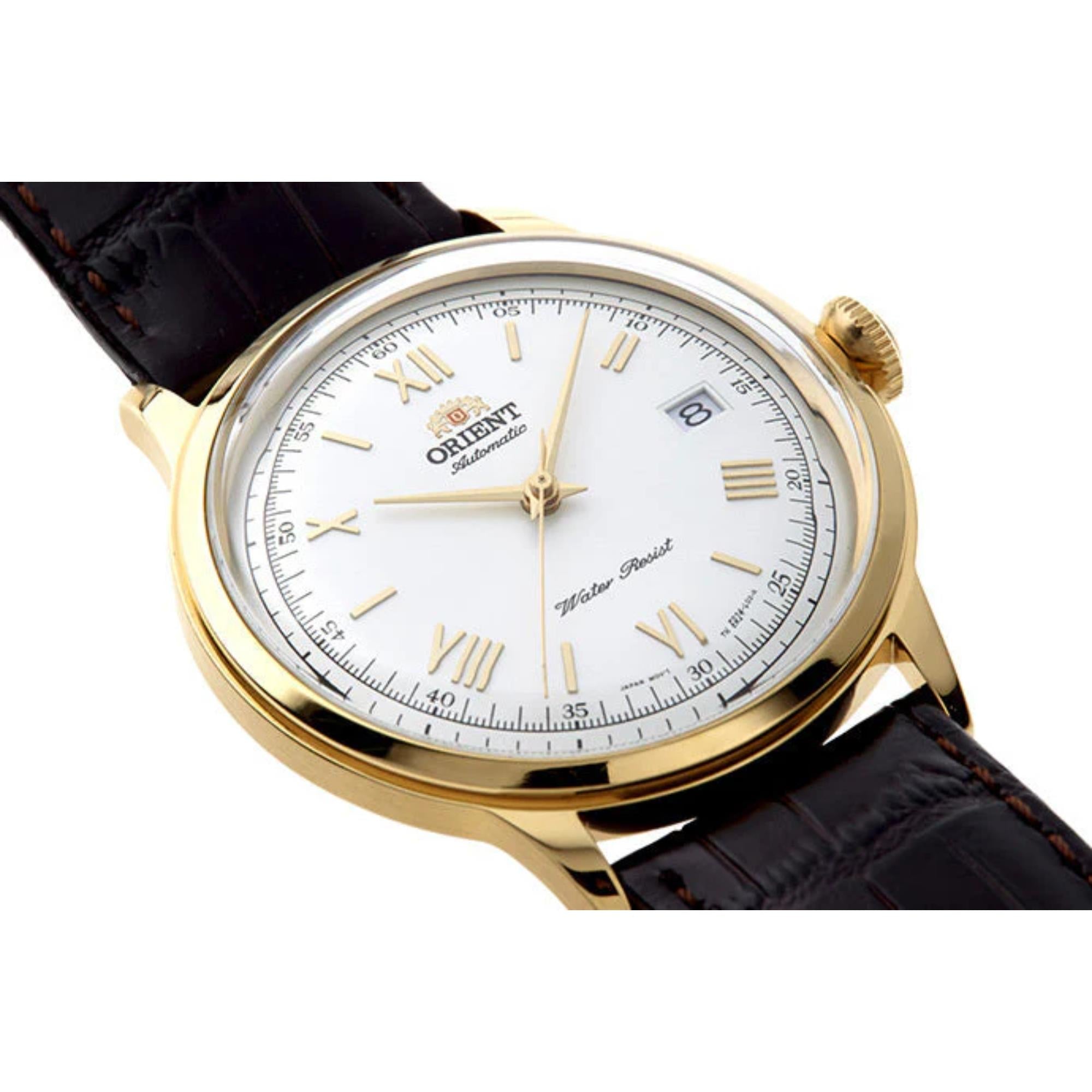 Orient Bambino 40,5 mm Weißes Zifferblatt Leder Automatik Herrenarmbanduhr TAC00007W0