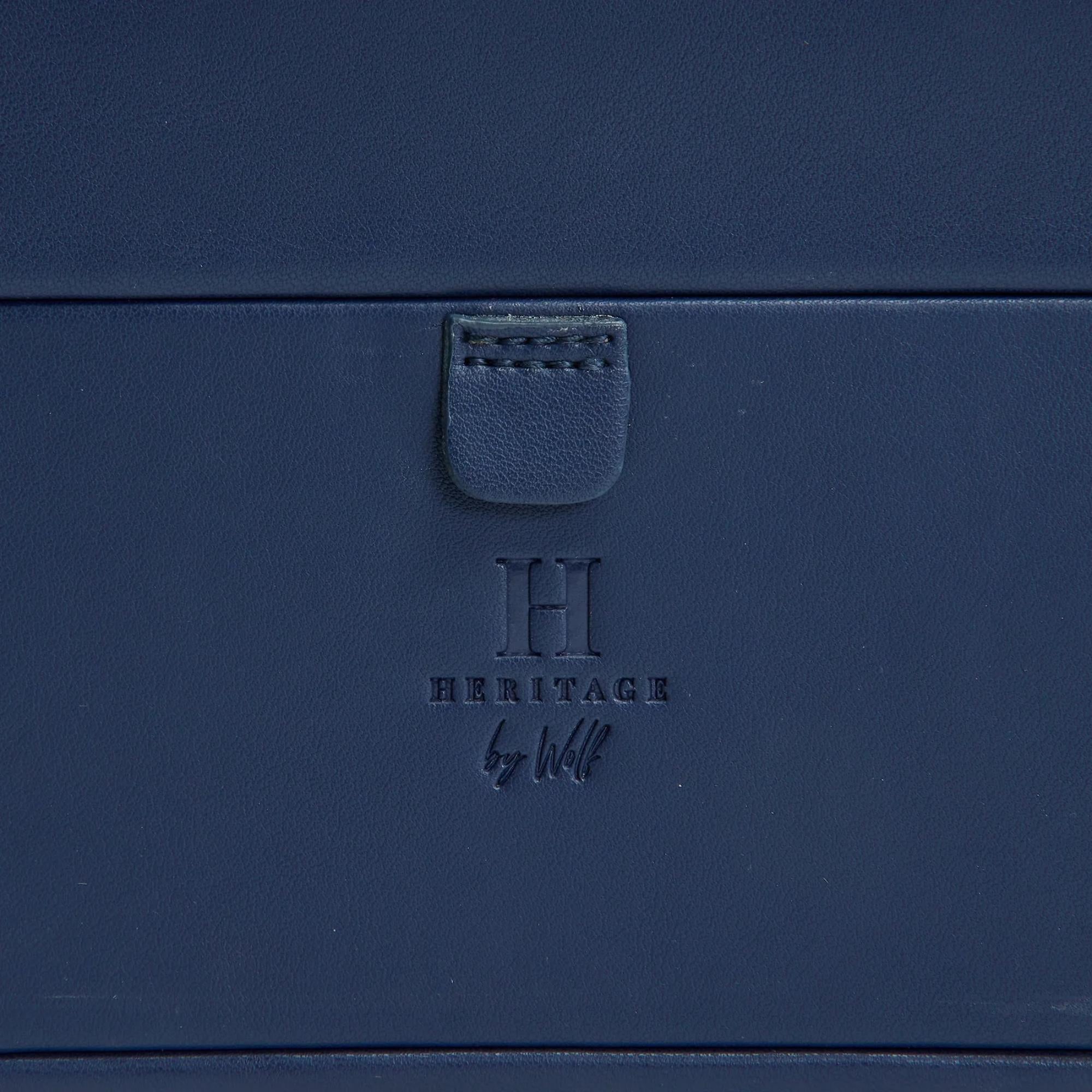 Close-up of a blue leather product with 'Heritage by Wolf' branding.