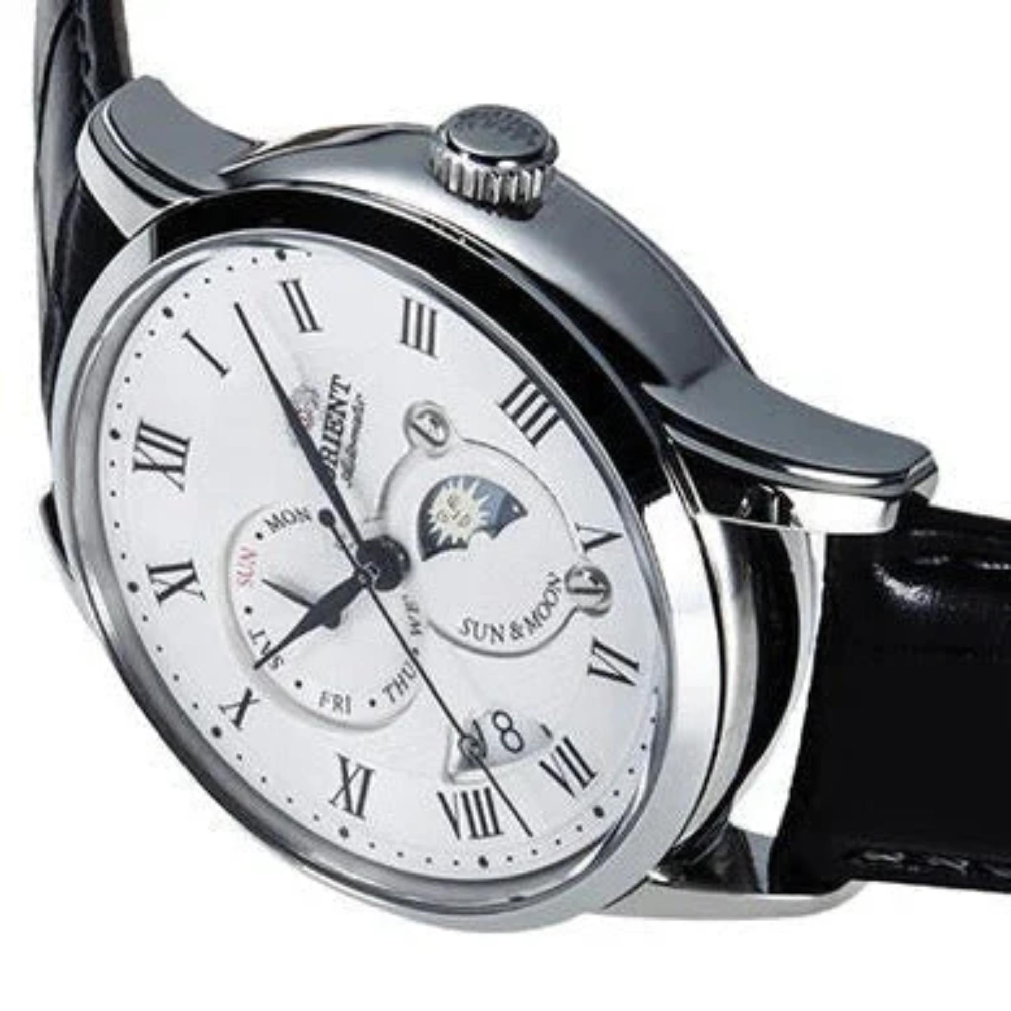 Orient Sun & Moon 42mm Weißes Zifferblatt Leder Herren Automatik Uhr RA-AK0008S30B