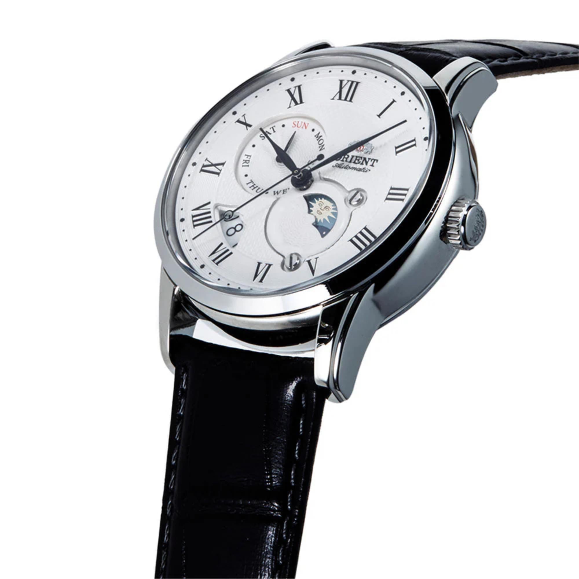 Orient Sun & Moon 42mm Weißes Zifferblatt Leder Herren Automatik Uhr RA-AK0008S30B