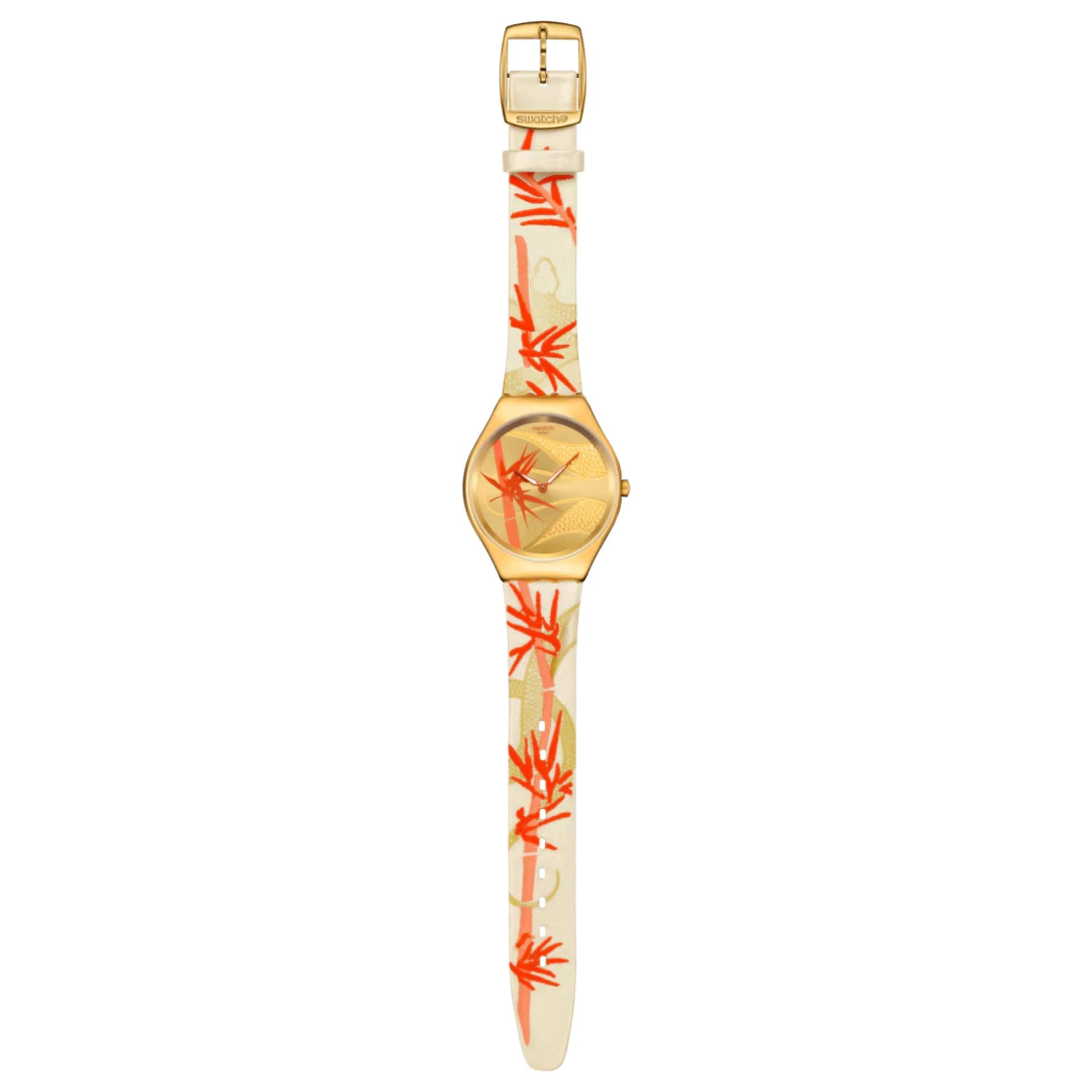 Swatch SKIN Goldenes Rot Bambus Gelbes Zifferblatt Textil/Lederarmband Uhr SYXZ105