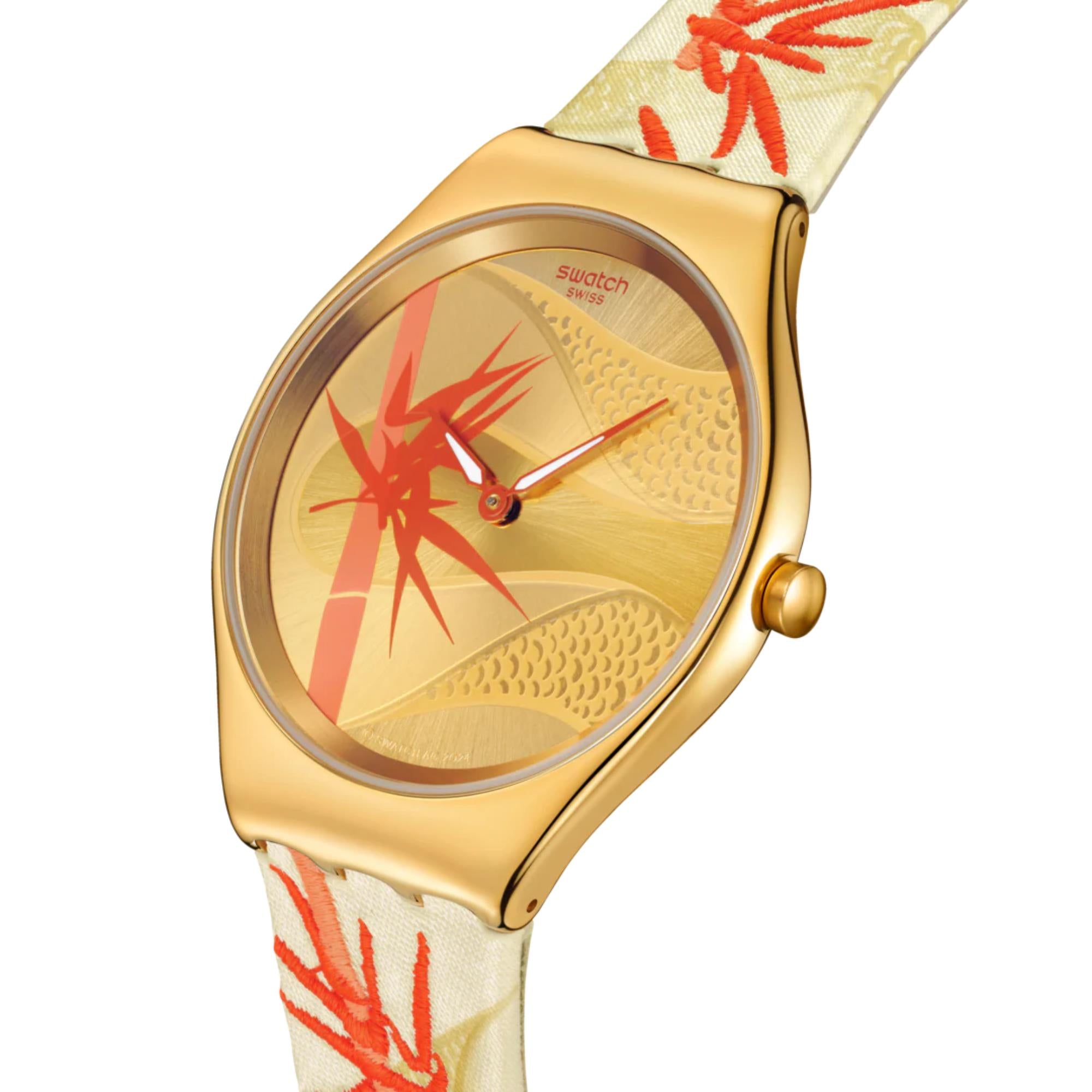 Swatch SKIN Goldenes Rot Bambus Gelbes Zifferblatt Textil/Lederarmband Uhr SYXZ105
