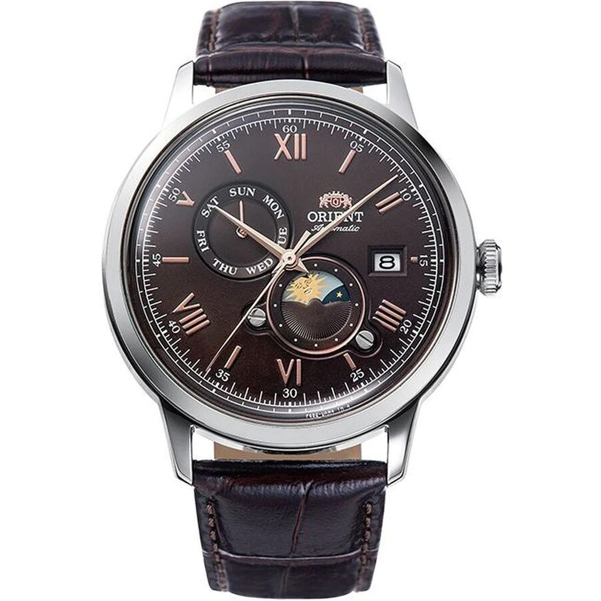 Orient Bambino 41.5mm Sun & Moon Brown Dial Leather Mens Automatic Watch RA-AK0804Y30B