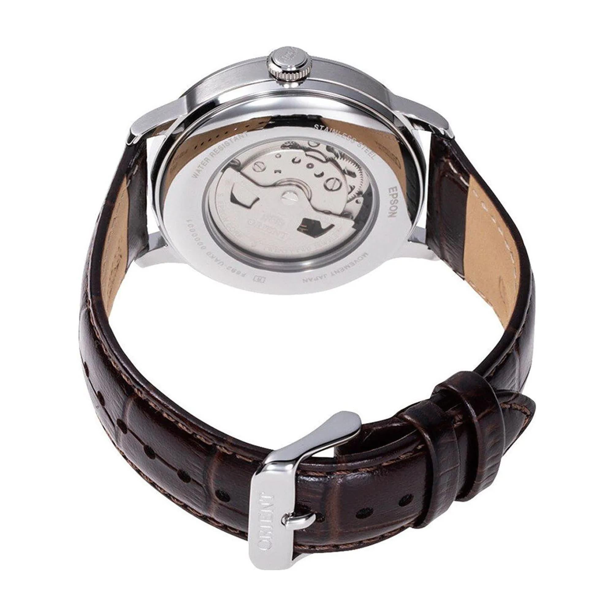 Orient Bambino 41.5mm Sun & Moon Champagne Dial Leather Mens Automatic Watch RA-AK0803Y30B