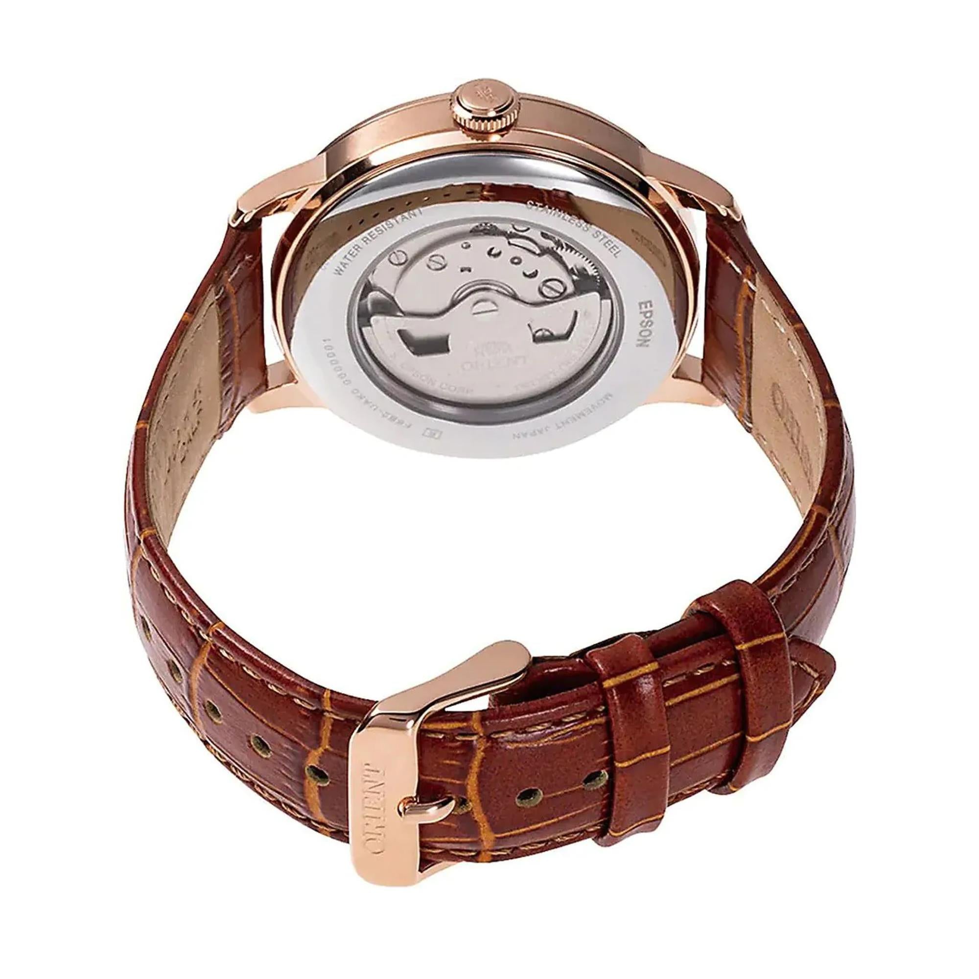 Orient Bambino 41mm Sonne & Mond Silbernes Zifferblatt Leder Automatik Herren Uhr RA-AK0801S30B