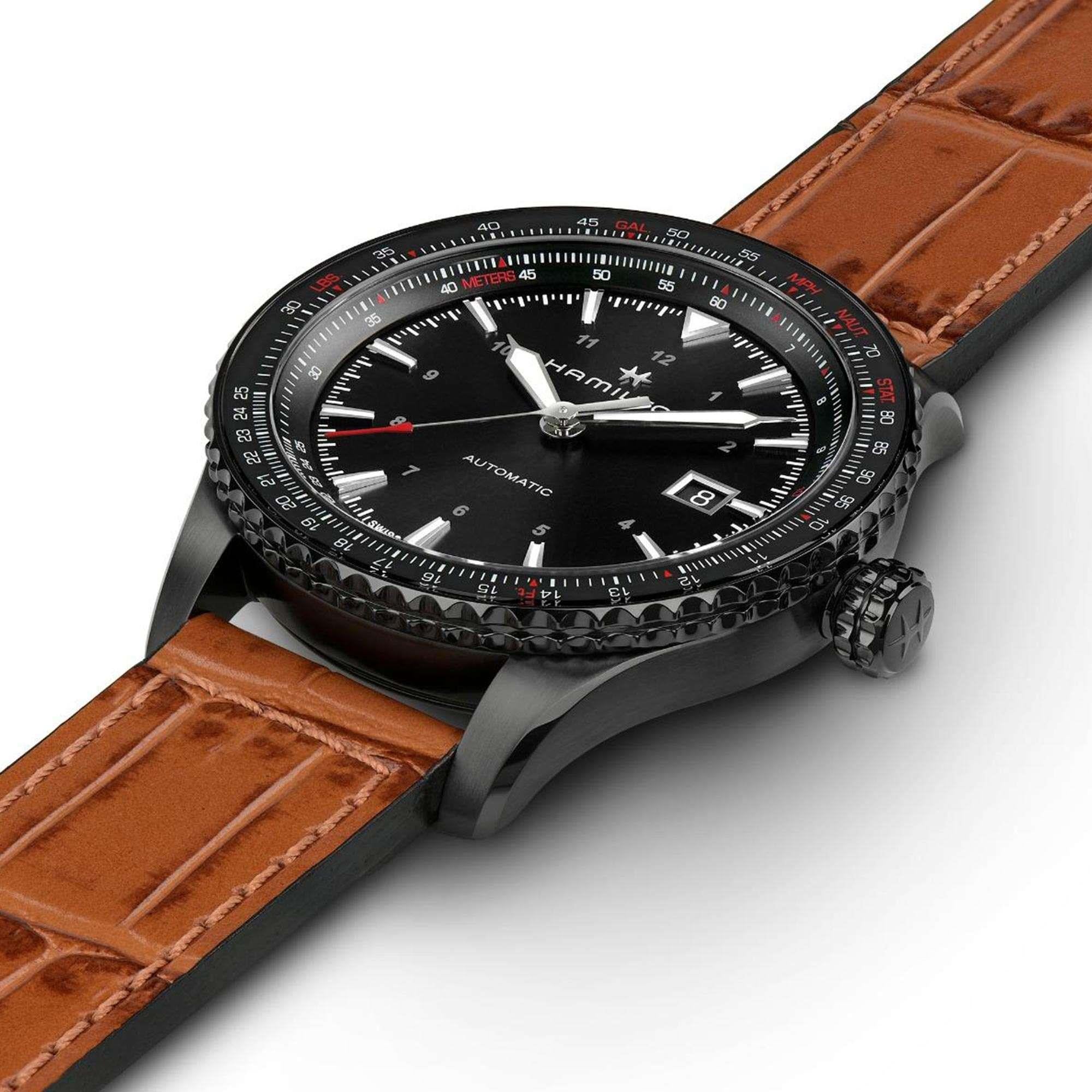 Hamilton Khaki Aviation 42mm Schwarzes Zifferblatt Leder Herren Automatik Uhr H76625530
