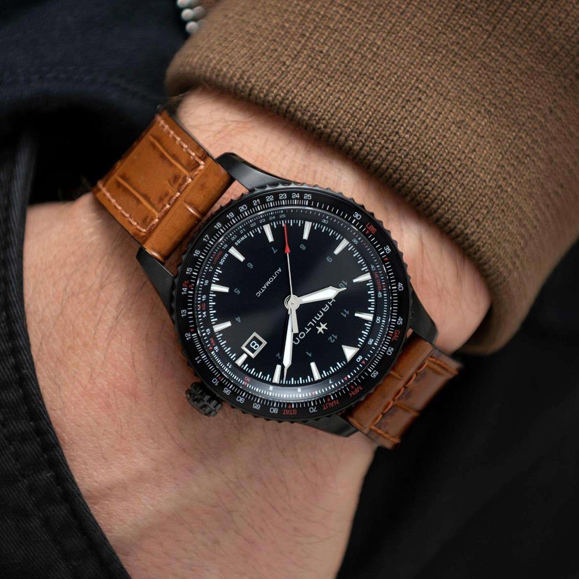 Hamilton Khaki Aviation 42mm Schwarzes Zifferblatt Leder Herren Automatik Uhr H76625530