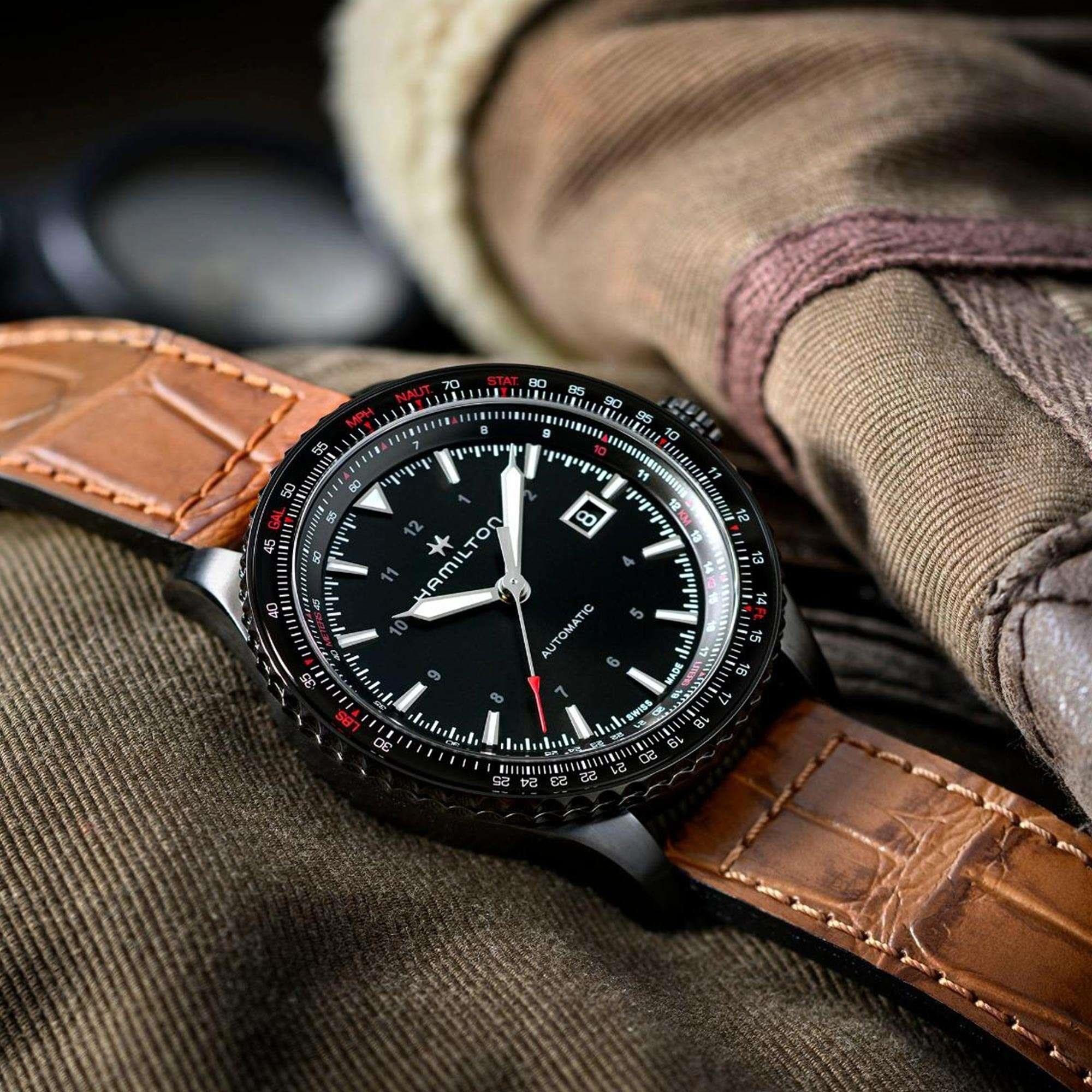 Hamilton Khaki Aviation 42mm Schwarzes Zifferblatt Leder Herren Automatik Uhr H76625530