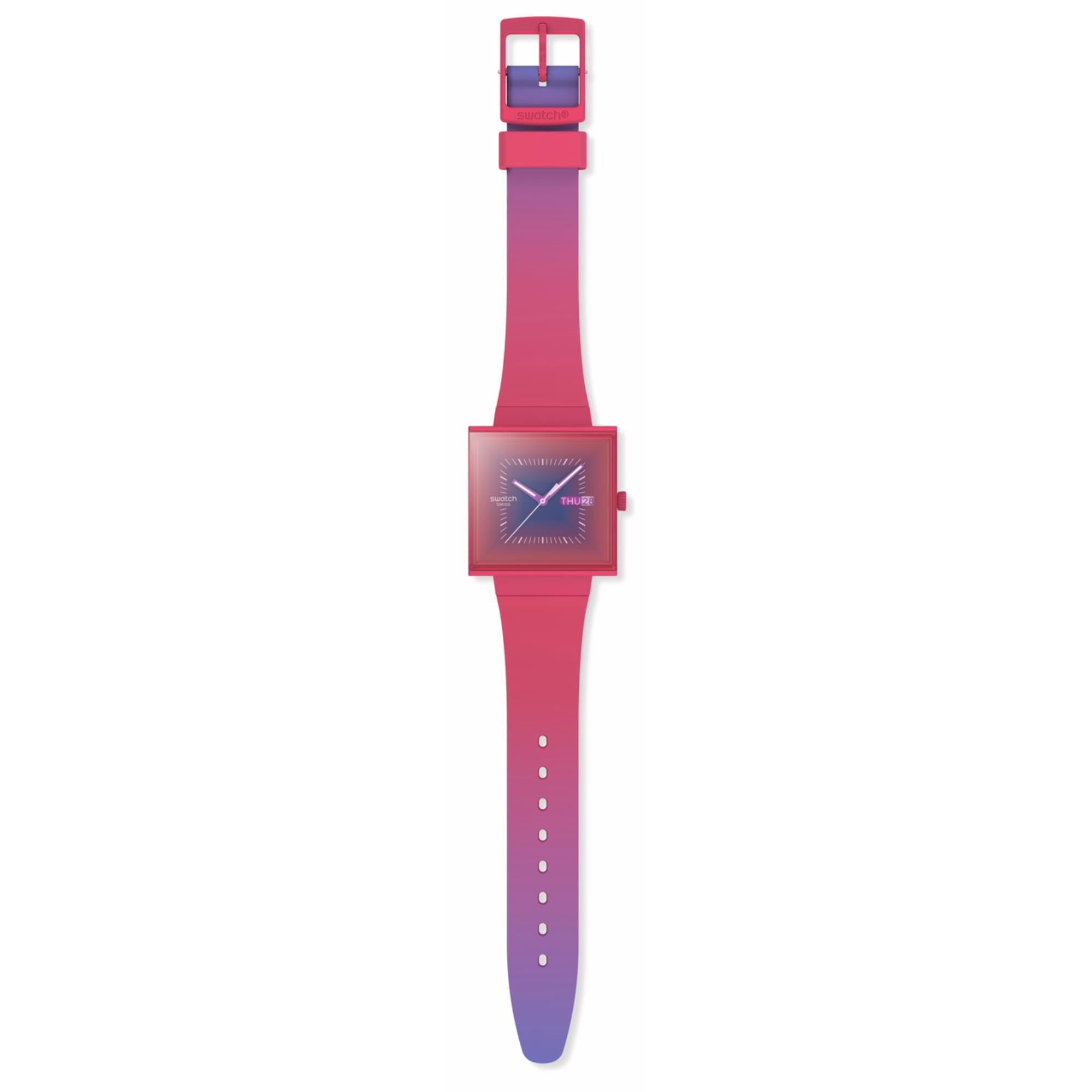Swatch Squarely Berry Pink Dial Silicone Strap Watch SO34R700