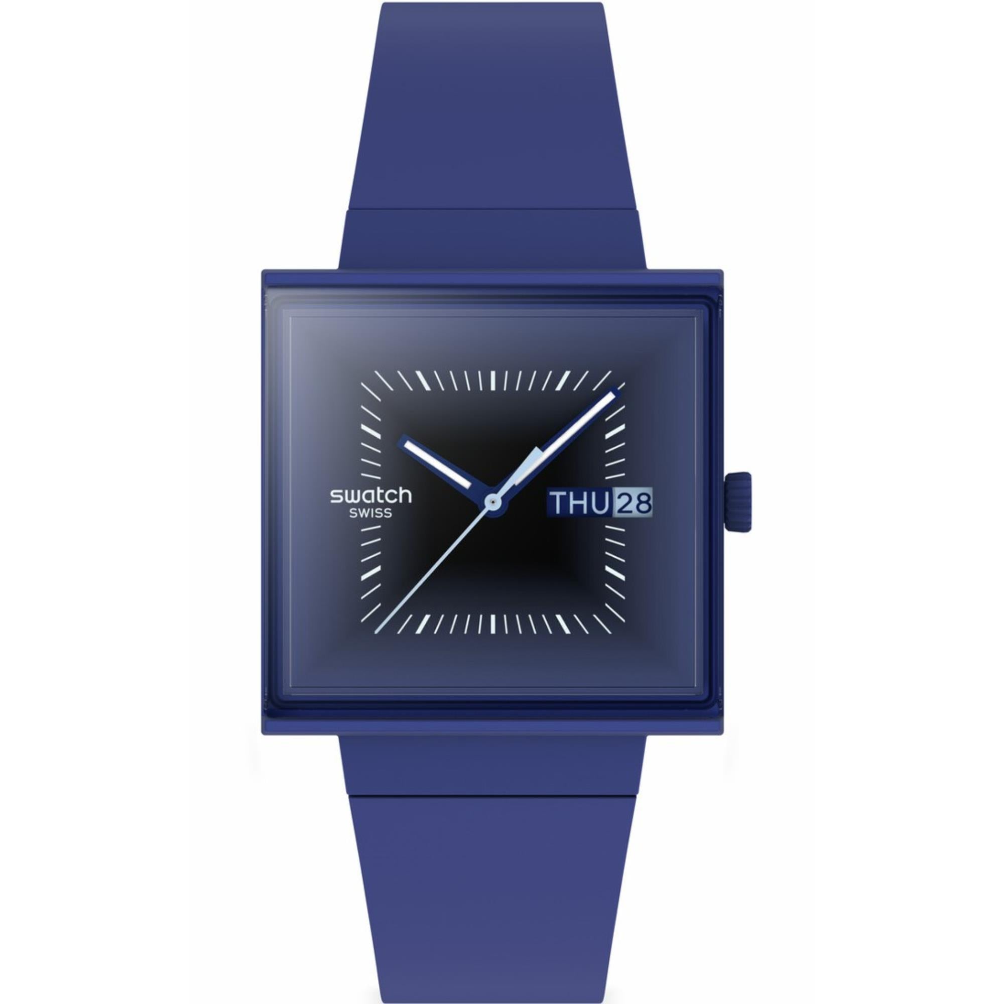 Swatch Squarely Blacklight Dunkelblaues Zifferblatt Silikon Uhr SO34N700
