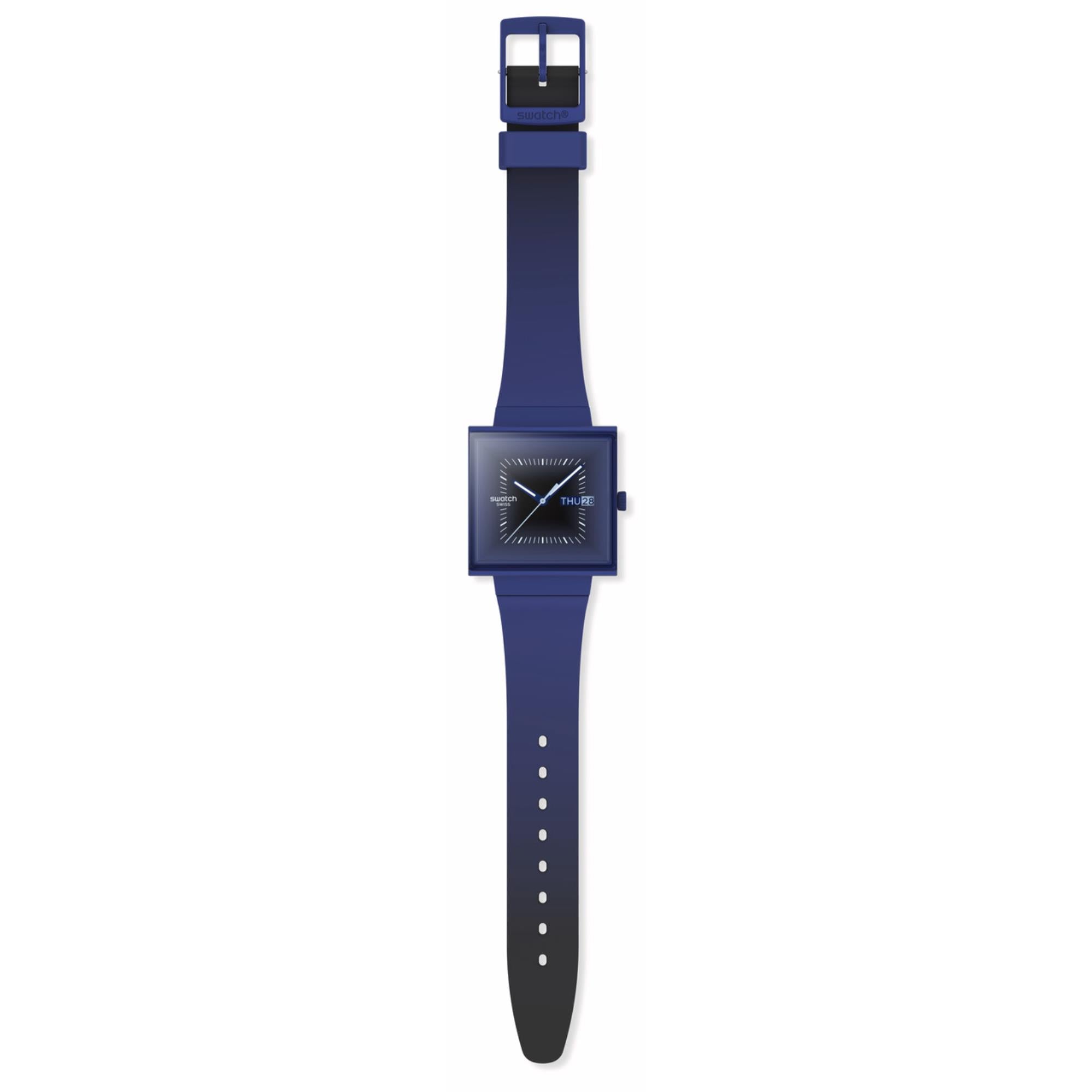 Swatch Squarely Blacklight Dunkelblaues Zifferblatt Silikon Uhr SO34N700