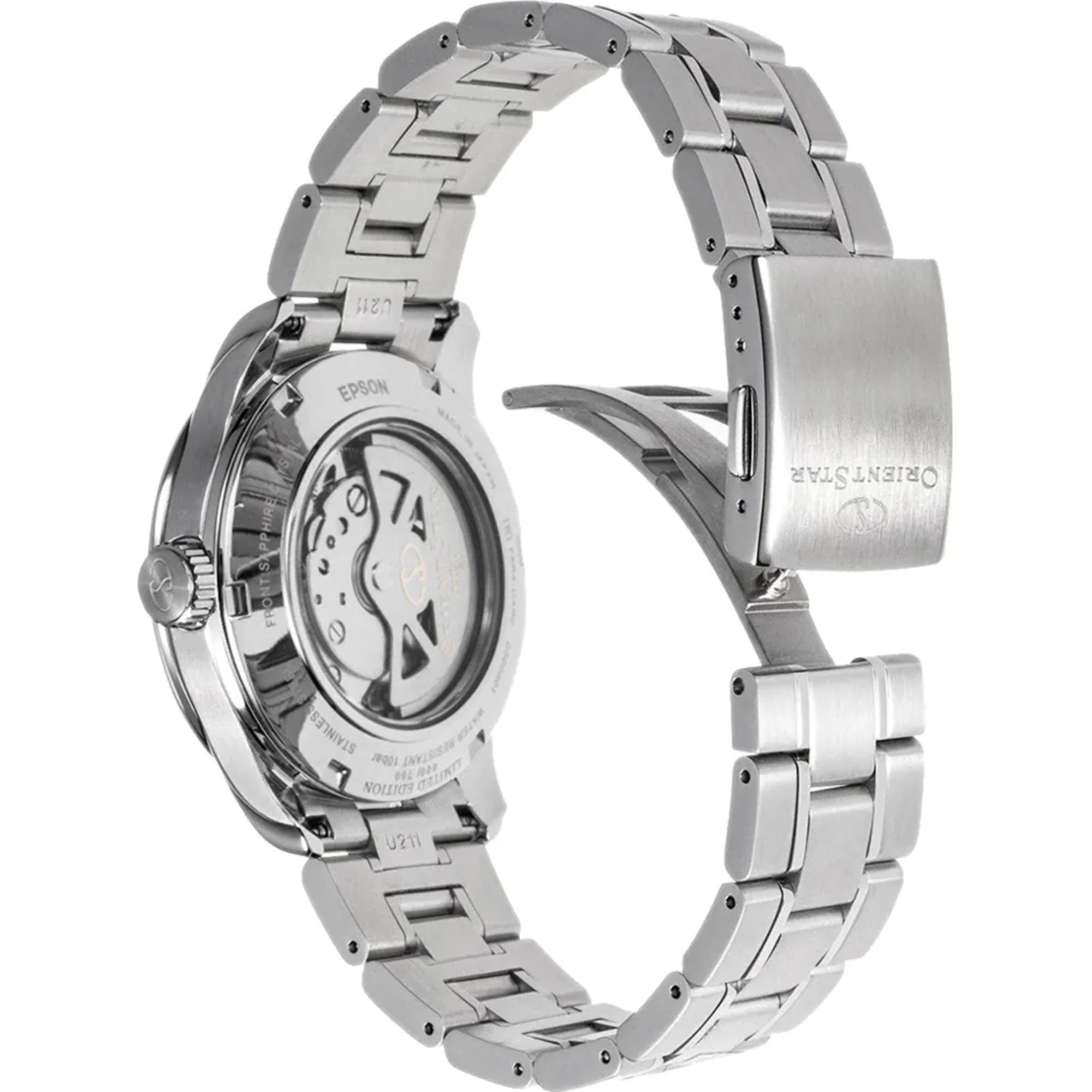 Orient Star Semi Skeleton 39mm Power Reserve Blue Dial Steel Mens Automatic Watch RE-AT0019L00B