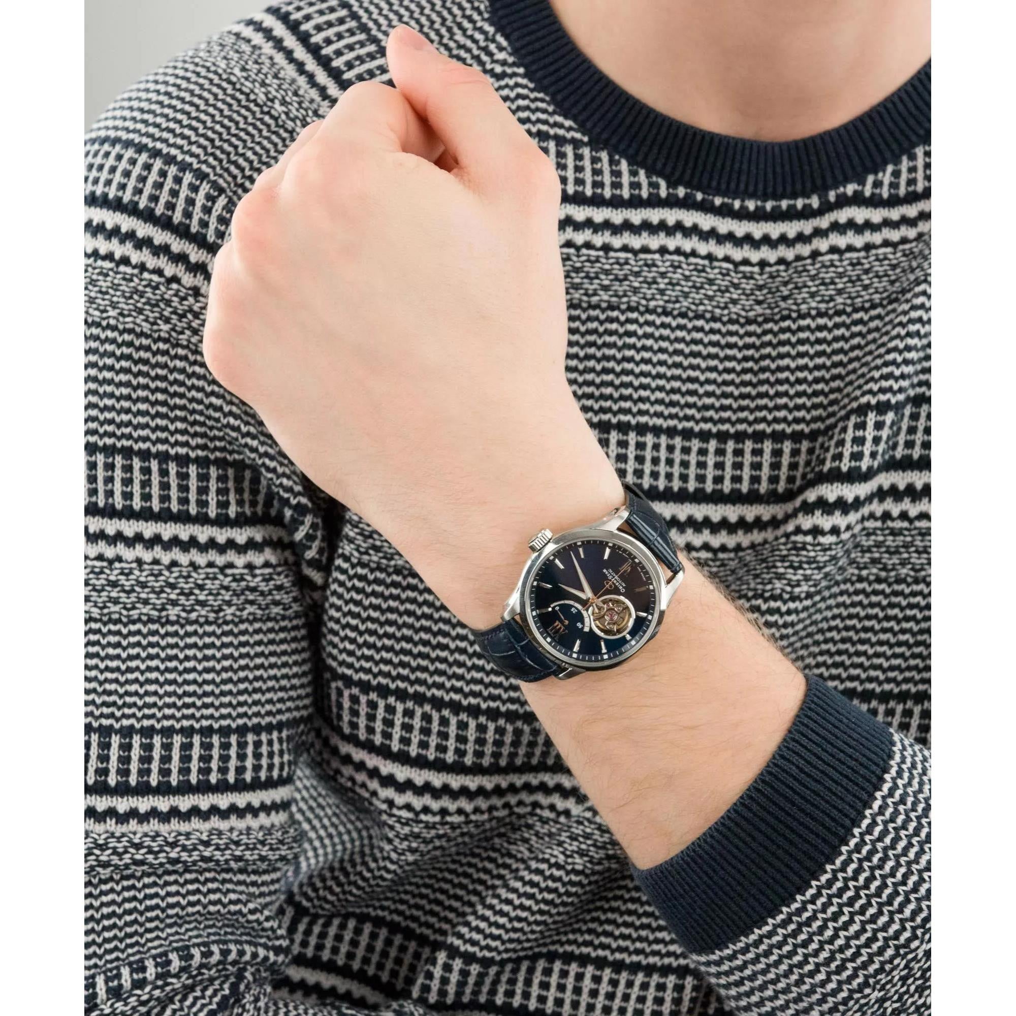 Orient Star Semi Skeleton 39mm Power Reserve Blue Dial Leather Mens Automatic Watch RE-AT0006L00B