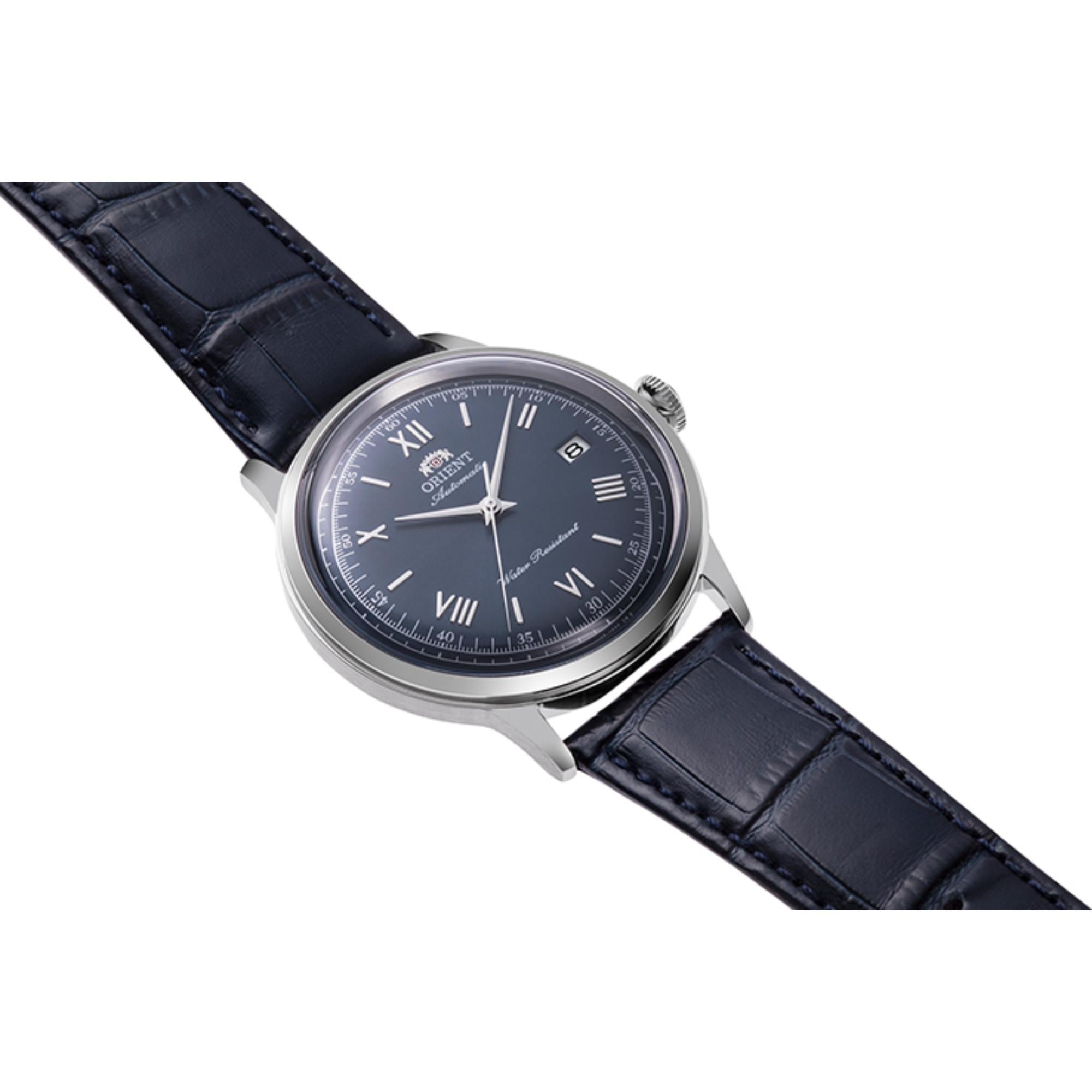 Orient Bambino 40.5mm automatic watch with a blue dial with leather strap