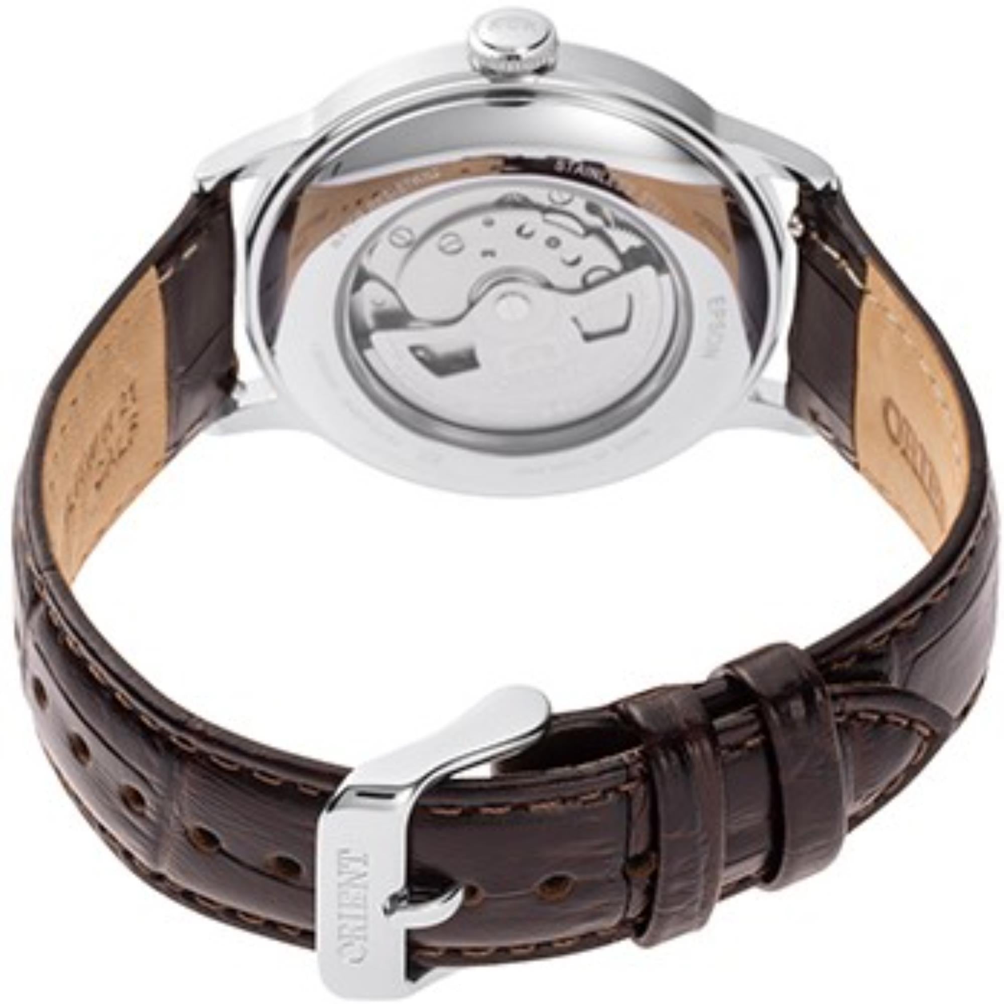 Orient RA-AC0026R30B Bambino Automatic watch caseback showing Japanese automatic movement and brown leather strap