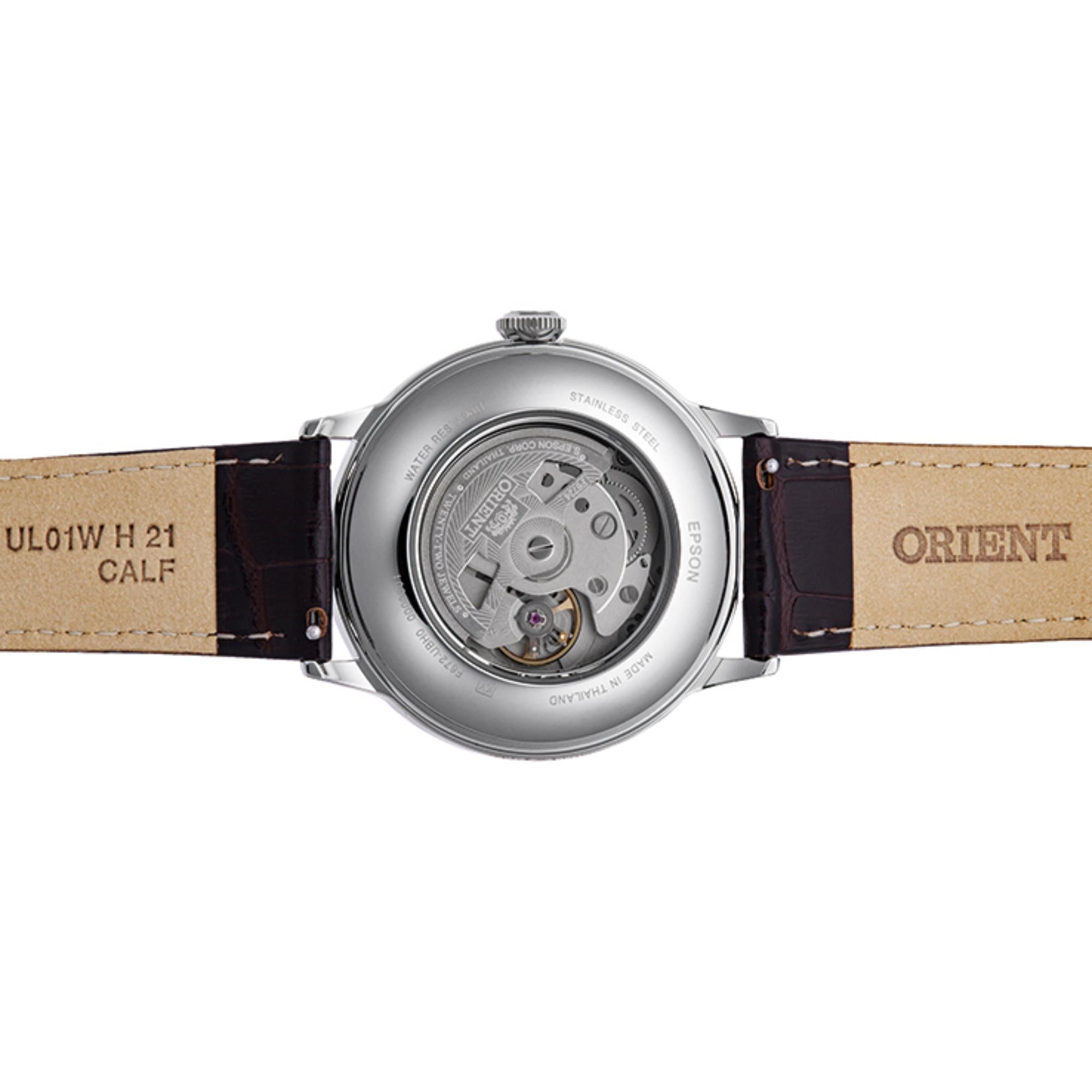 Orient Bambino RA-AC0026R30B brown leather strap side view
