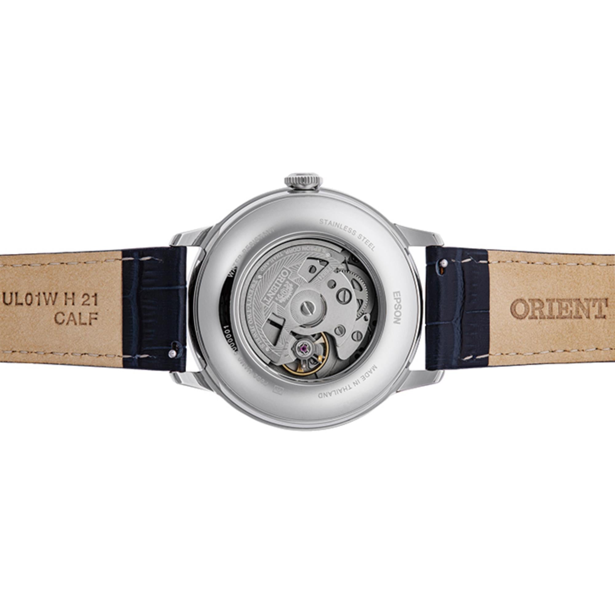 Orient Bambino 41,5 mm Sonne & Mond Blaues Zifferblatt Leder Herren Automatik Uhr RA-AK0806L30B