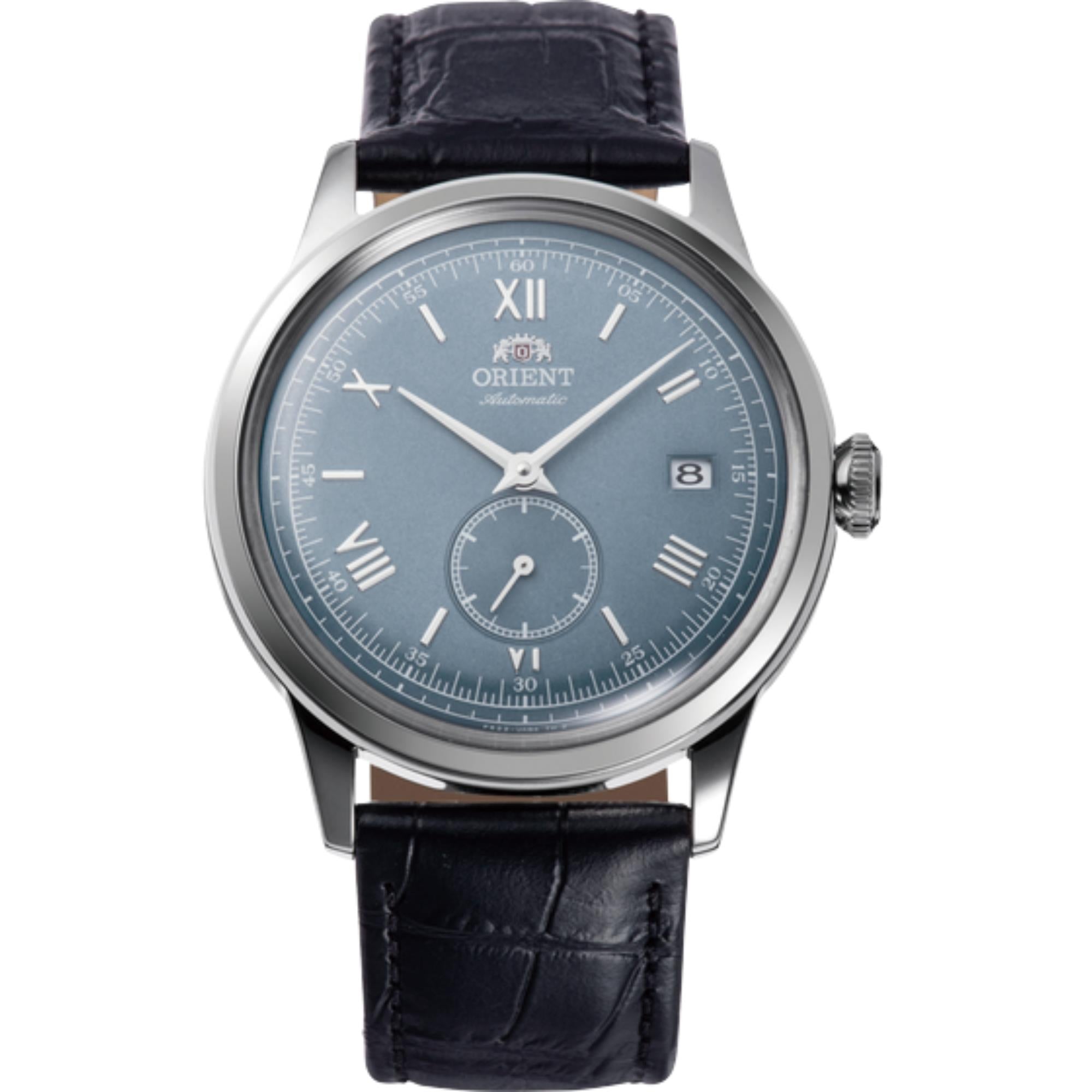 Orient Bambino 38 mm Kleine Sekunde Blaues Zifferblatt Leder Herren Automatik Uhr RA-AP0103L30B