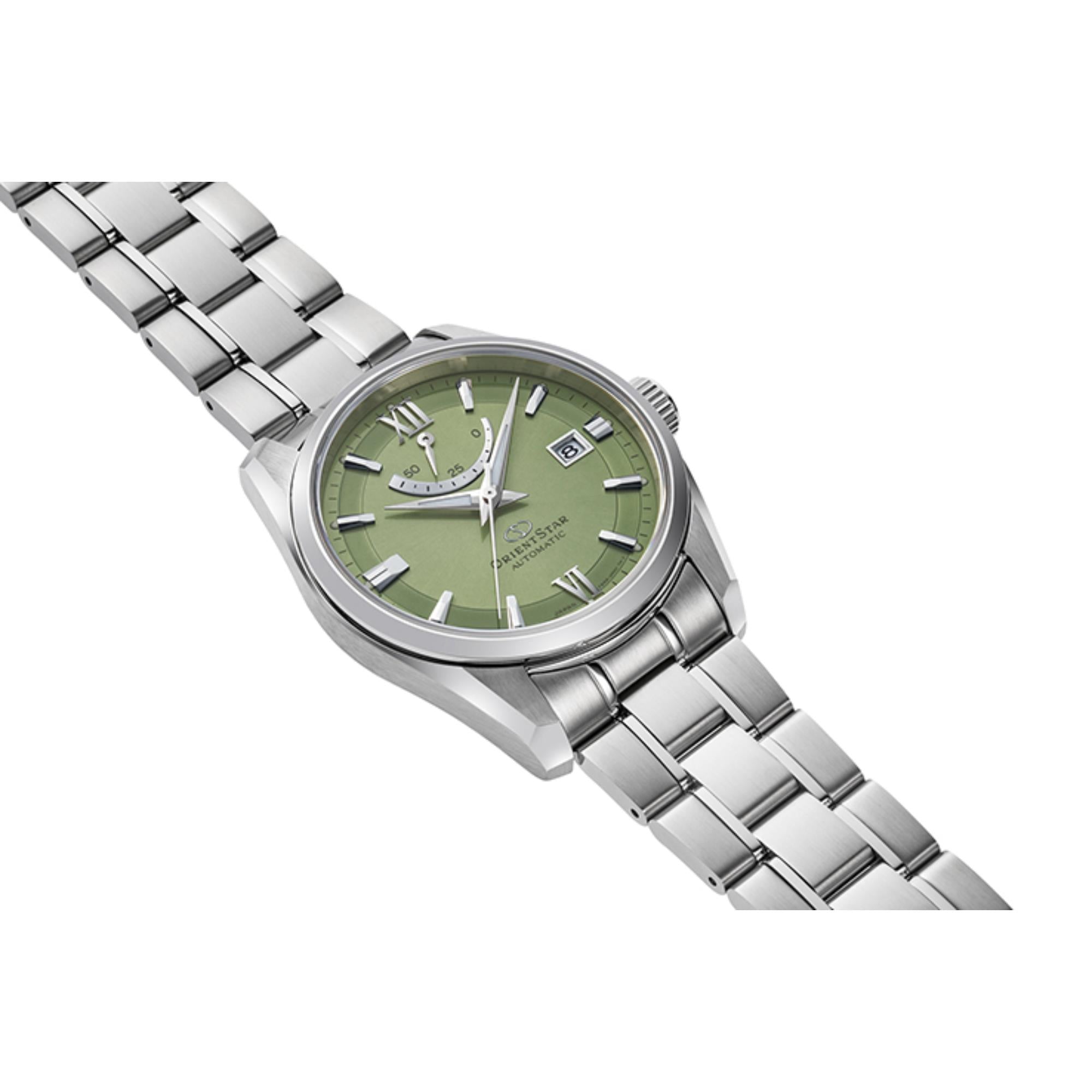 Orient Star Contemporary 38.5mm Power Reserve Green Dial Steel Mens Watch Automatic RE-AU0107E00B