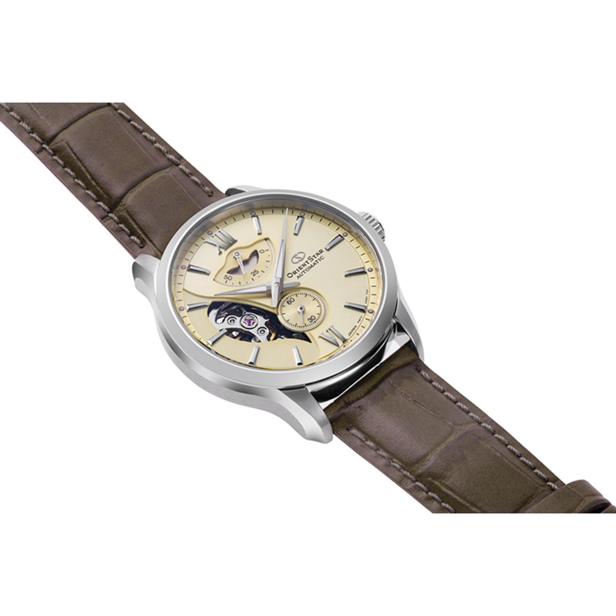 Orient Star Layered Skeleton 41 mm Gangreserve Champagner Zifferblatt Leder Herren Automatik Uhr RE-AV0B10G00B