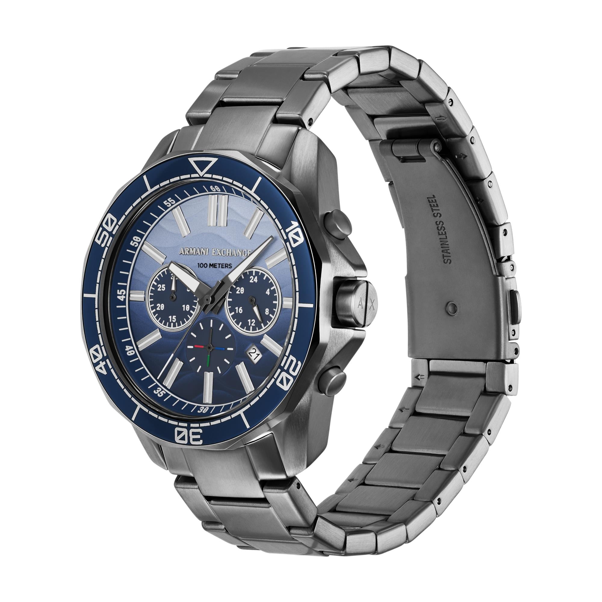 Armani Exchange Spencer 44mm Chronograph Blue Dial Steel Strap Mens Quartz Watch AX1967
