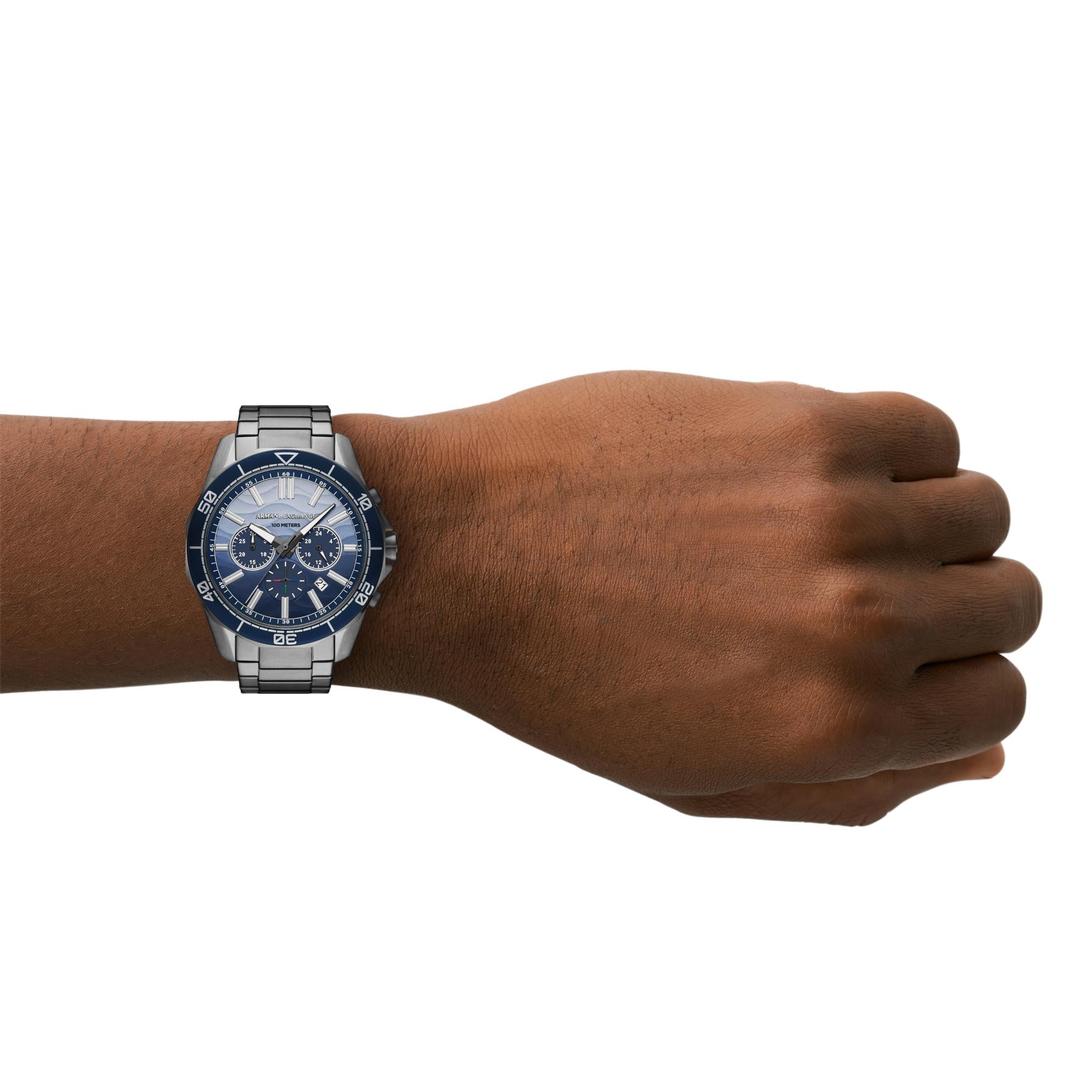 Armani Exchange Spencer 44mm Chronograph Blue Dial Steel Strap Mens Quartz Watch AX1967