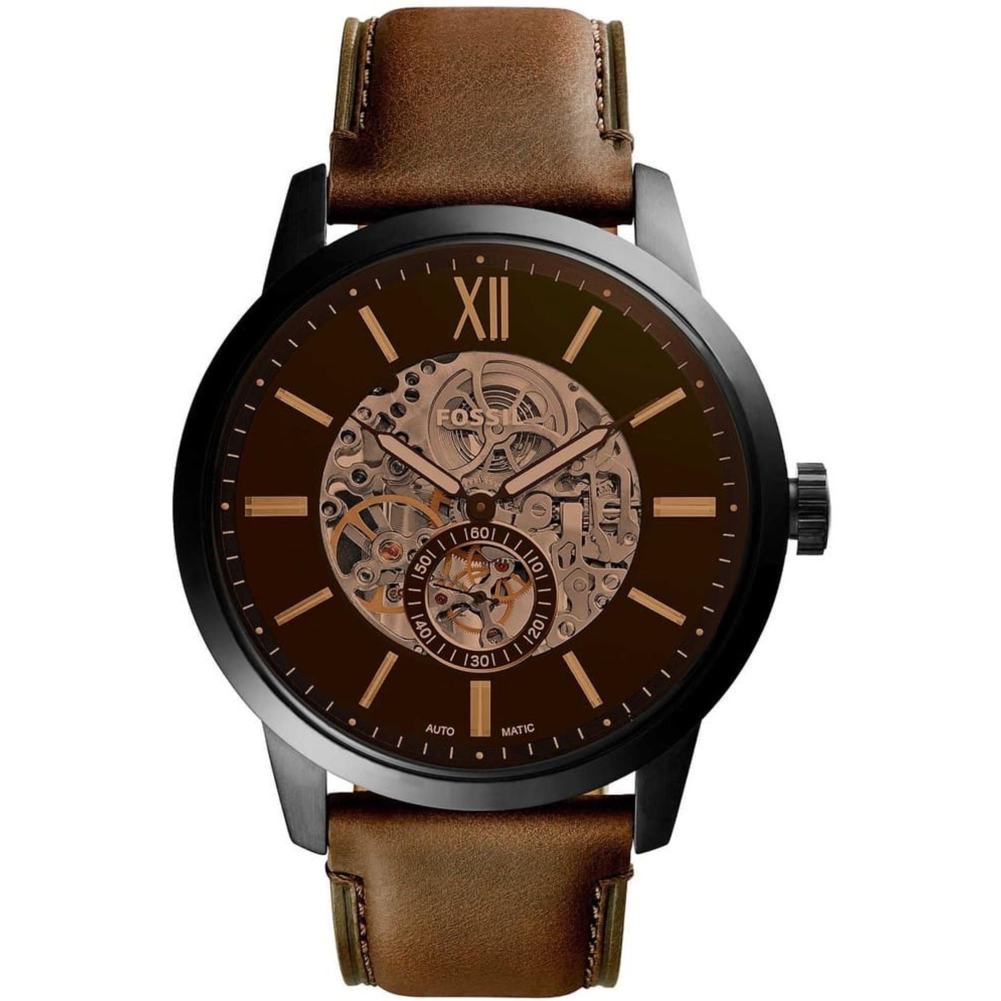 Fossil Townsman 48mm Schwarzes Zifferblatt Leder Herren Automatik Uhr ME3155