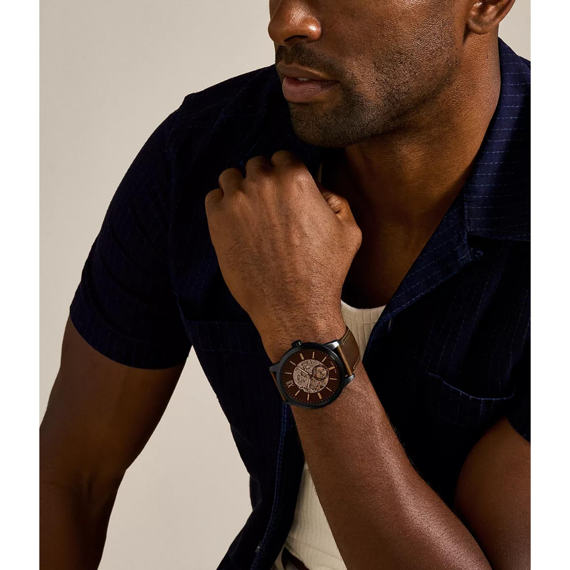 Fossil Townsman 48mm Schwarzes Zifferblatt Leder Herren Automatik Uhr ME3155