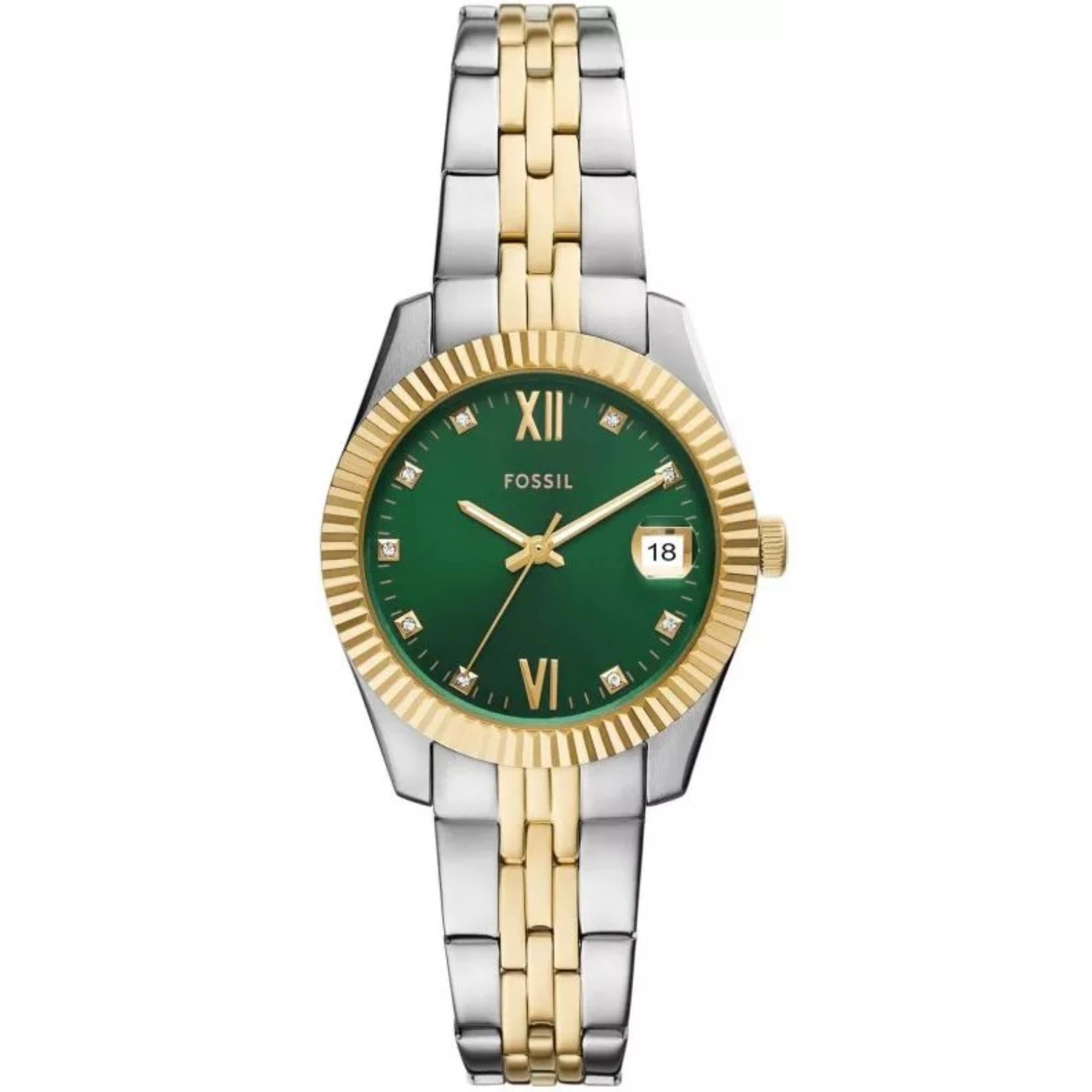 Fossil Scarlette 33mm Green Dial Steel Ladies Quartz Watch ES5388