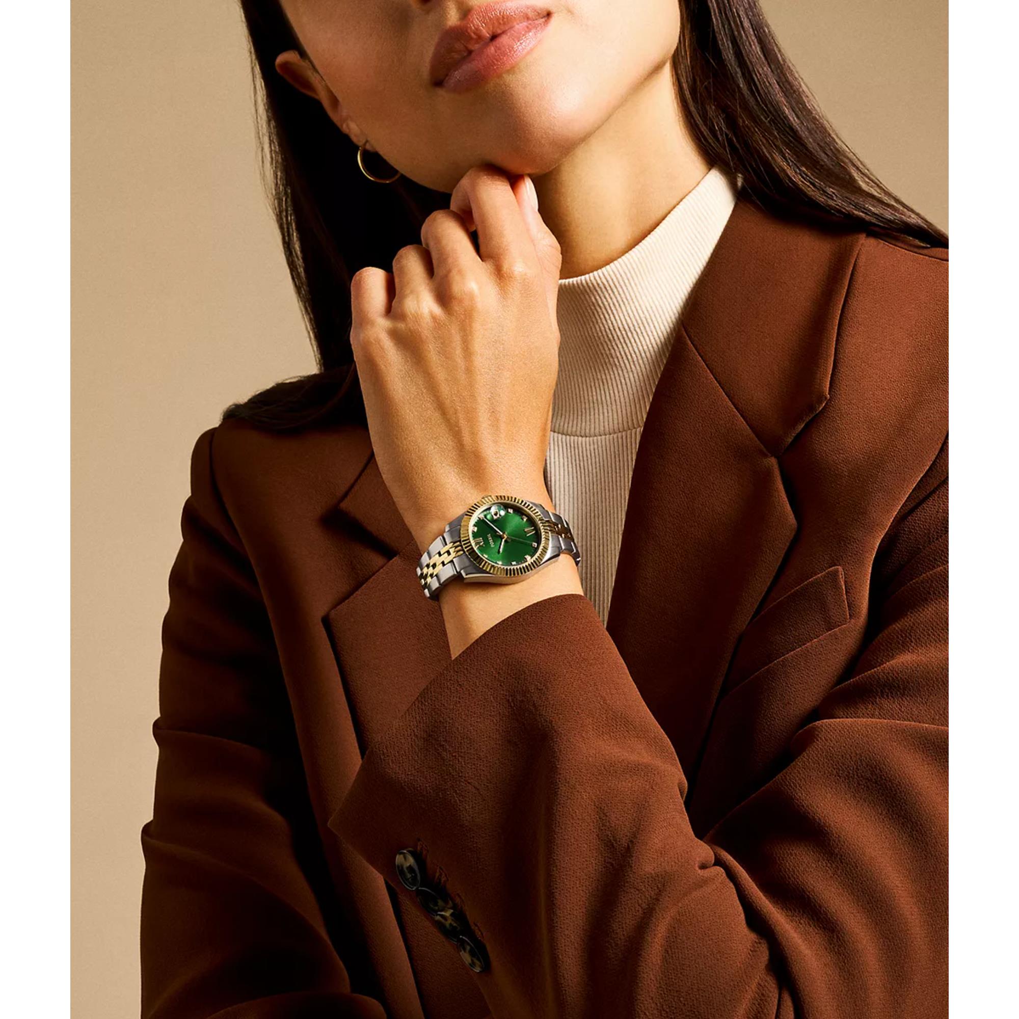 Fossil Scarlette 33mm Green Dial Steel Ladies Quartz Watch ES5388