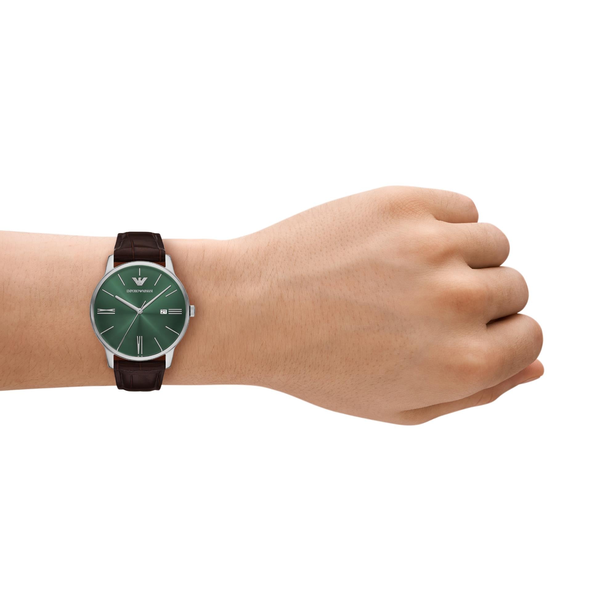 Emporio Armani Minimalistisch 39 mm Grünes Zifferblatt Leder Herren Quarzuhr