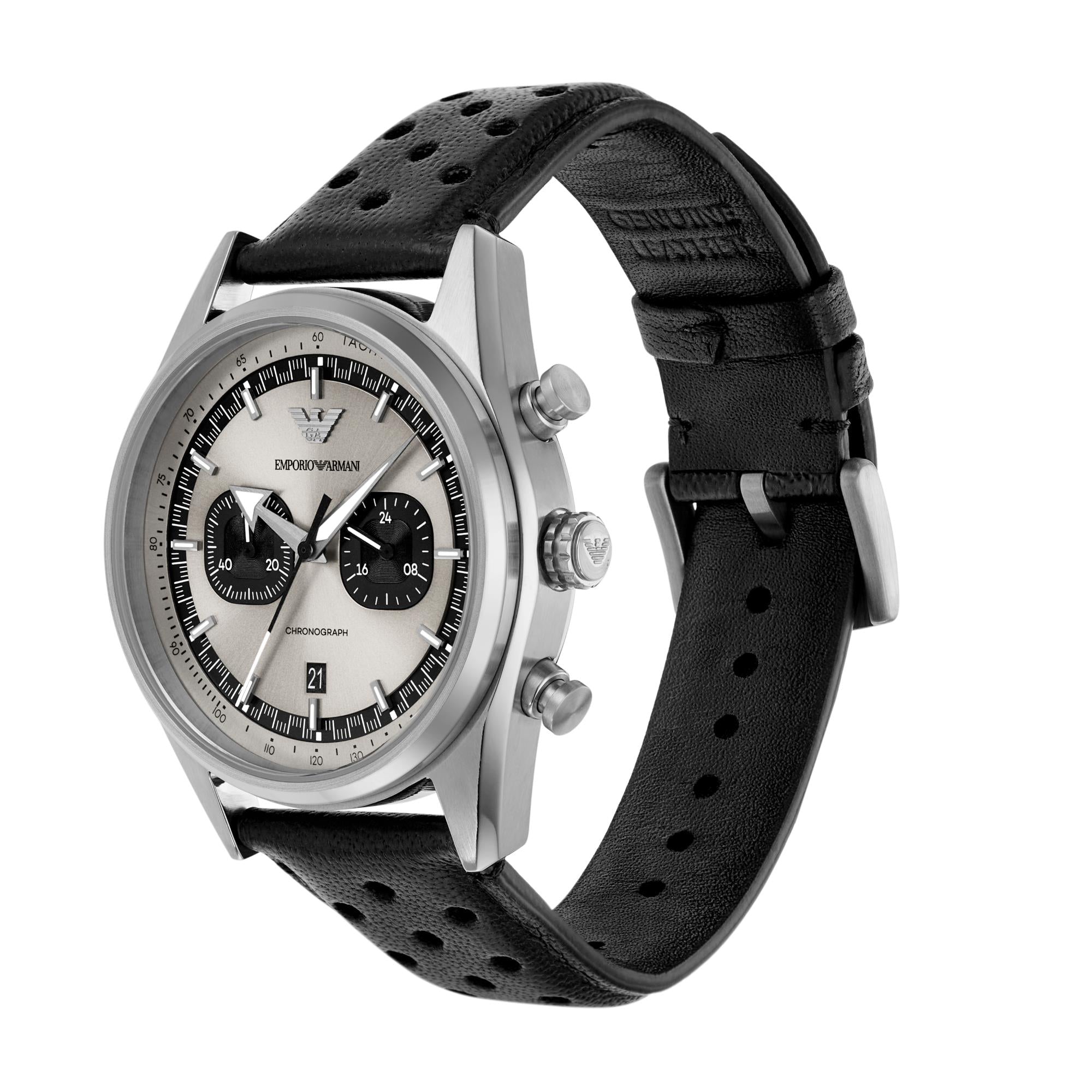 Emporio Armani Gianni T-Bar 42mm Chronograph Graues Zifferblatt Leder Herren Quarzuhr AR11677