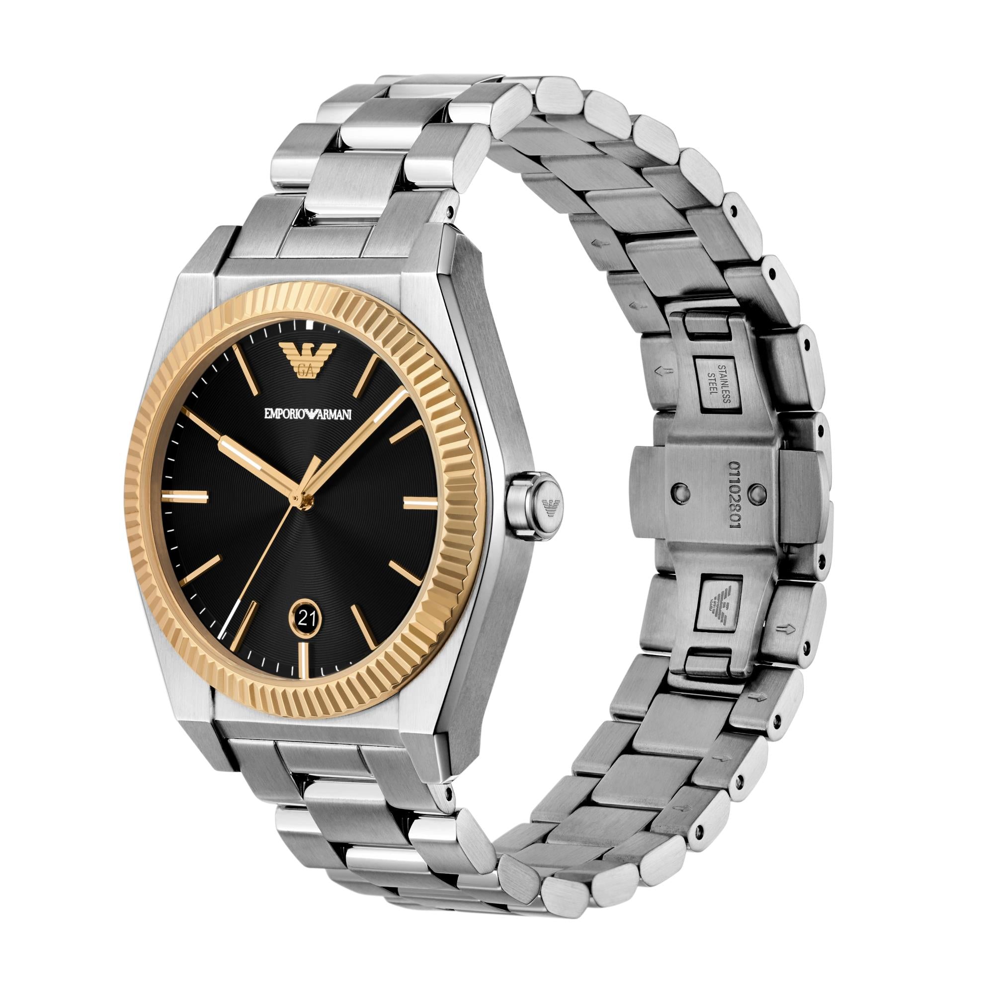 Emporio Armani Gianni T-Bar 41mm Black Dial Steel Leather Mens Quartz Watch and Bracelet AR80077SET