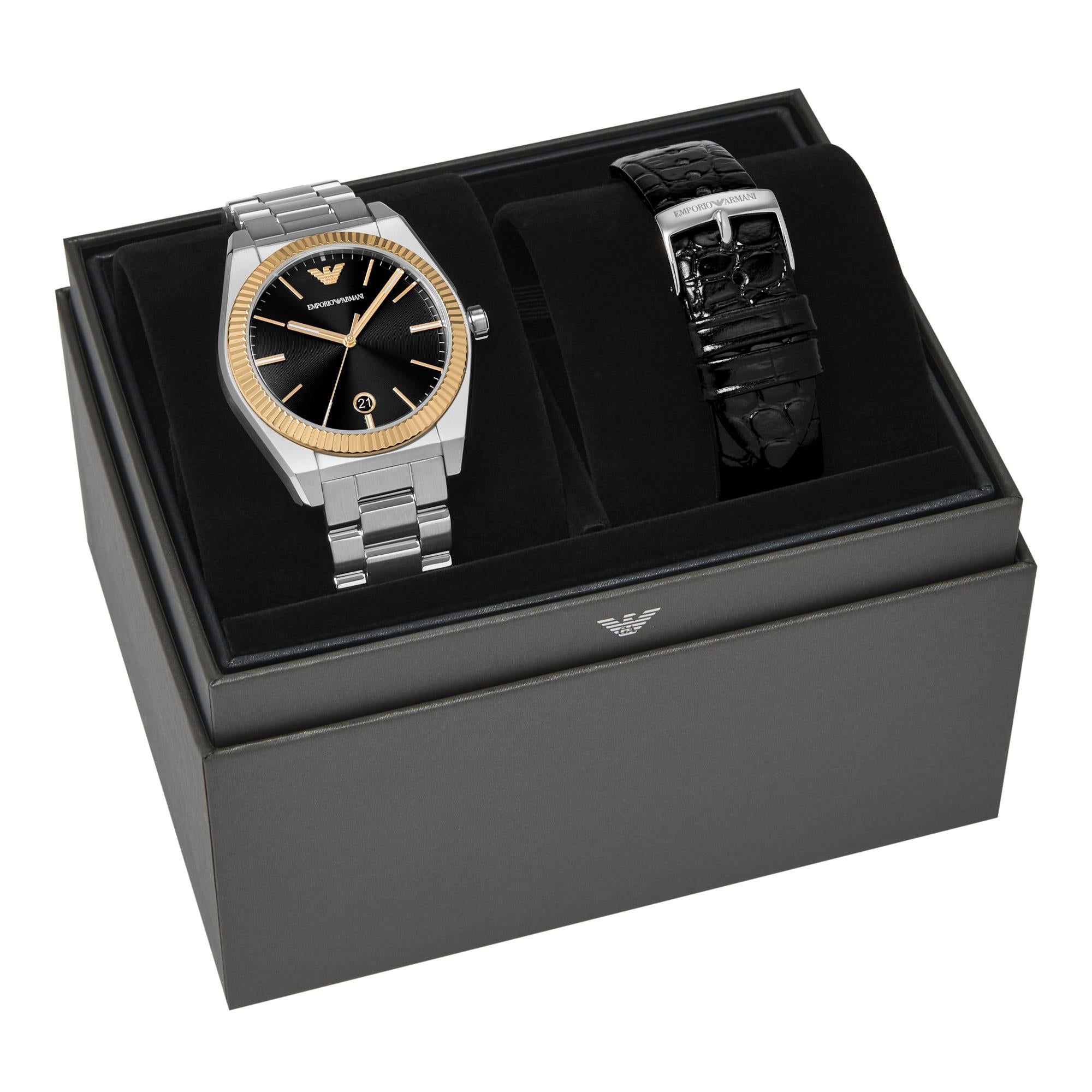 Emporio Armani Gianni T-Bar 41mm Black Dial Steel Leather Mens Quartz Watch and Bracelet AR80077SET