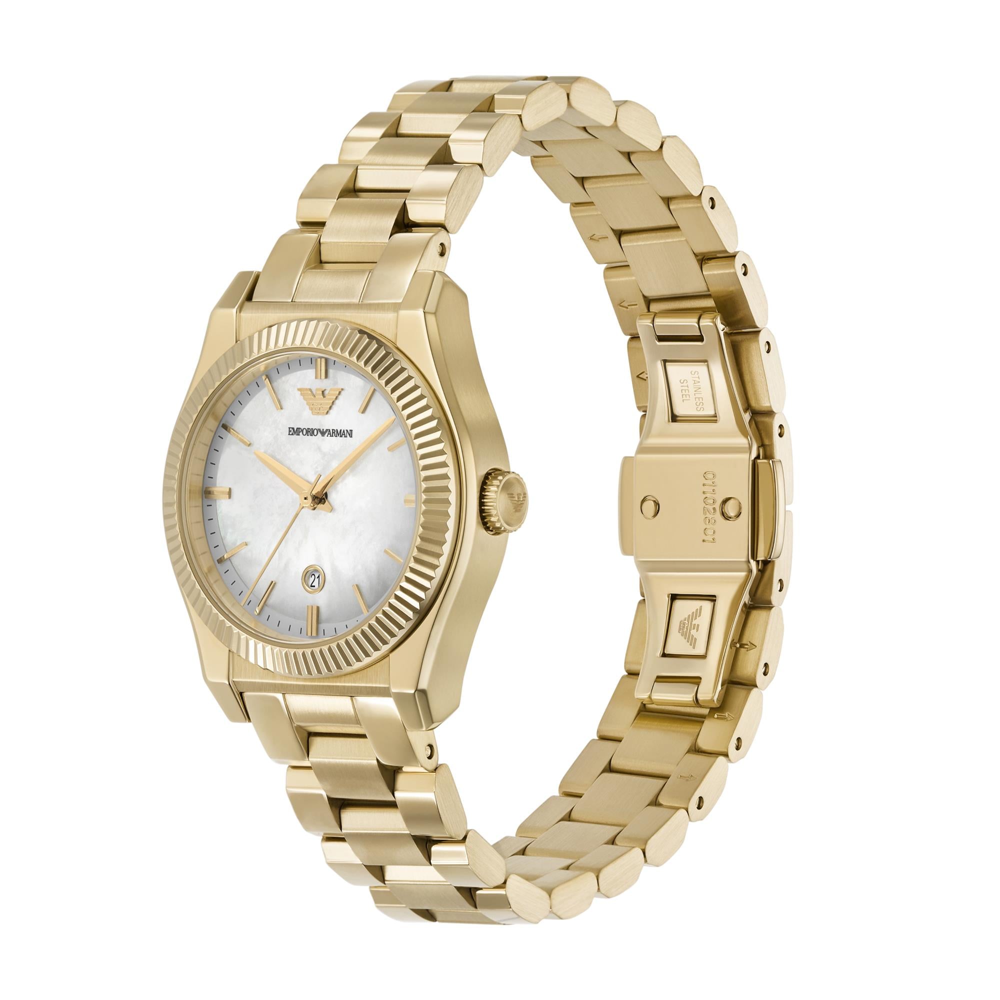 Emporio Armani Gianni T-Bar 32mm Mother Of Pearl Dial Steel Ladies Quartz Watch AR11657