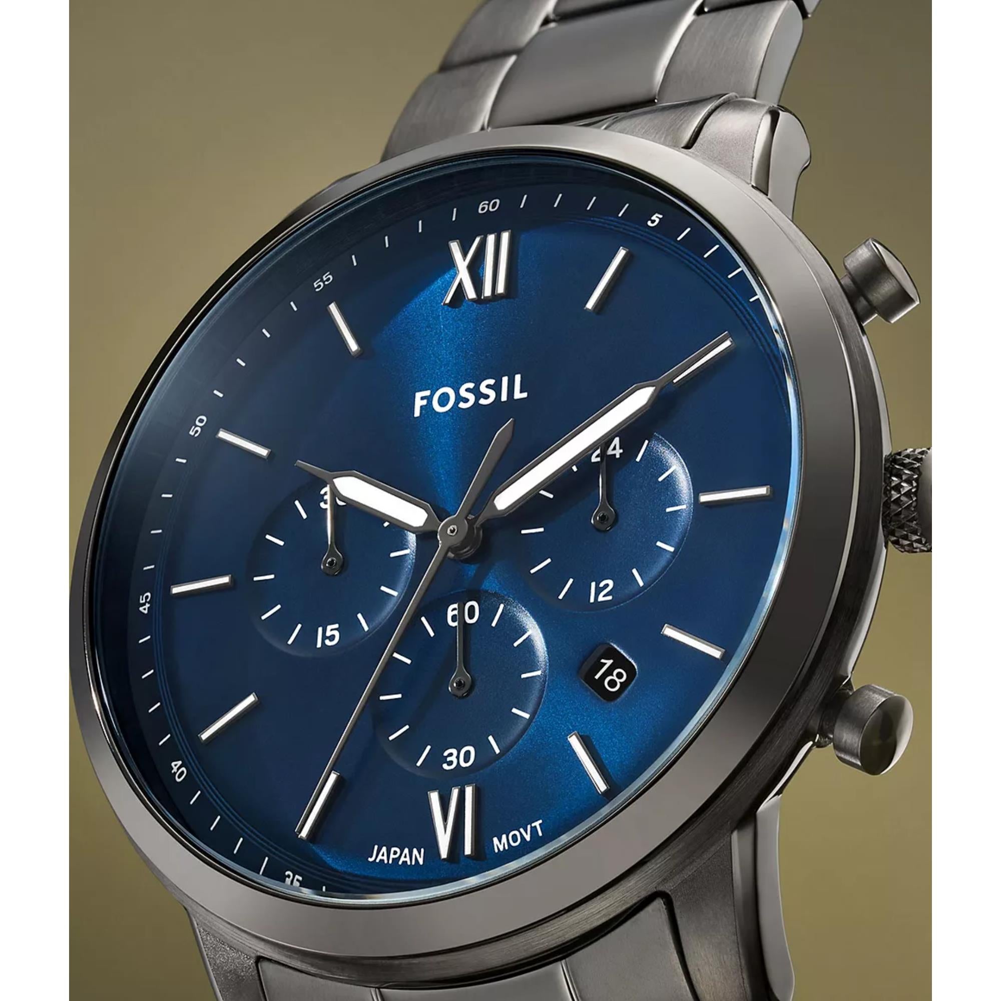 Fossil Neutra 44mm Chronograph Blaues Zifferblatt Stahl Herren Quarz Uhr FS6111