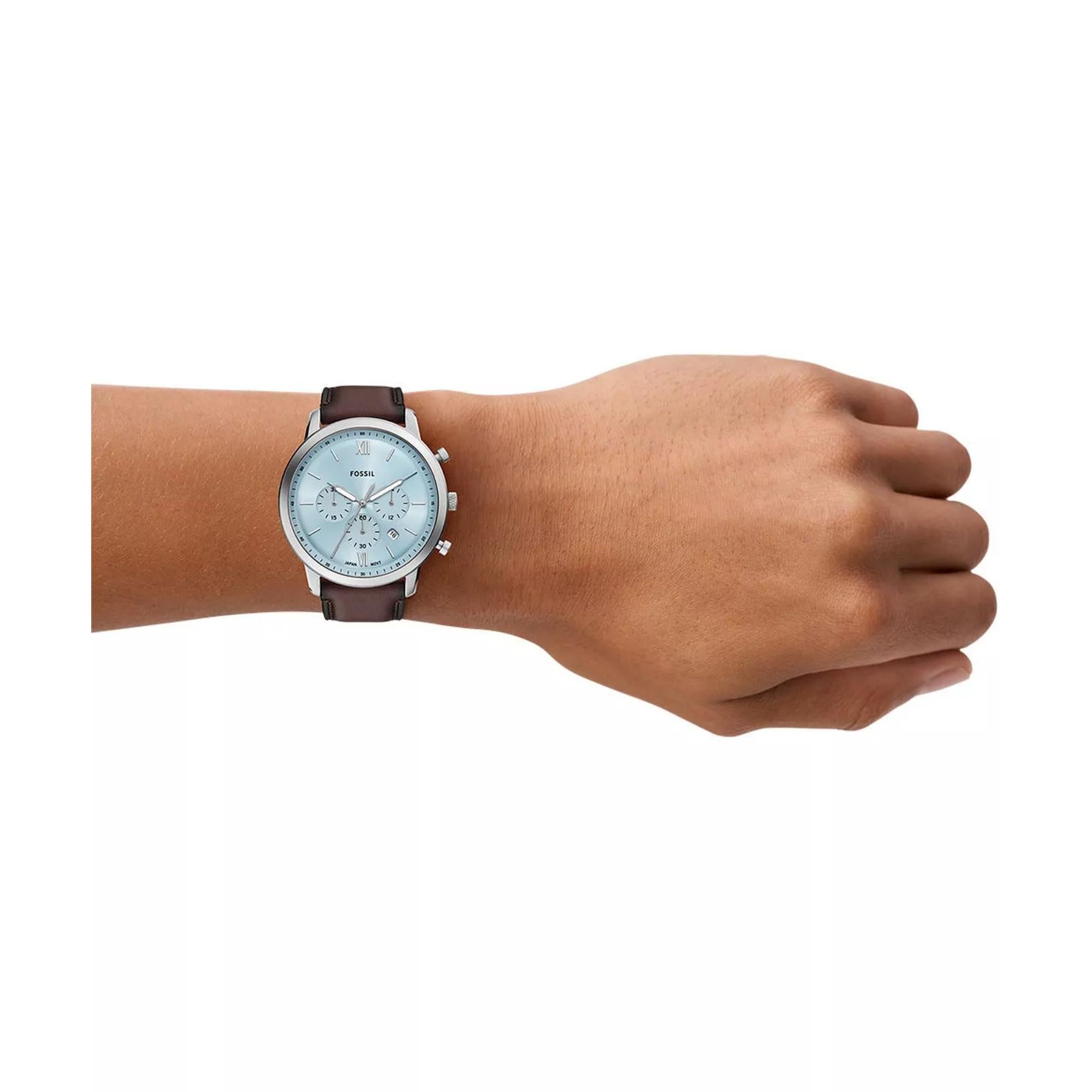 Fossil Neutra 44mm Chronograph Blaues Zifferblatt Leder Herren Quarz Uhr FS6109