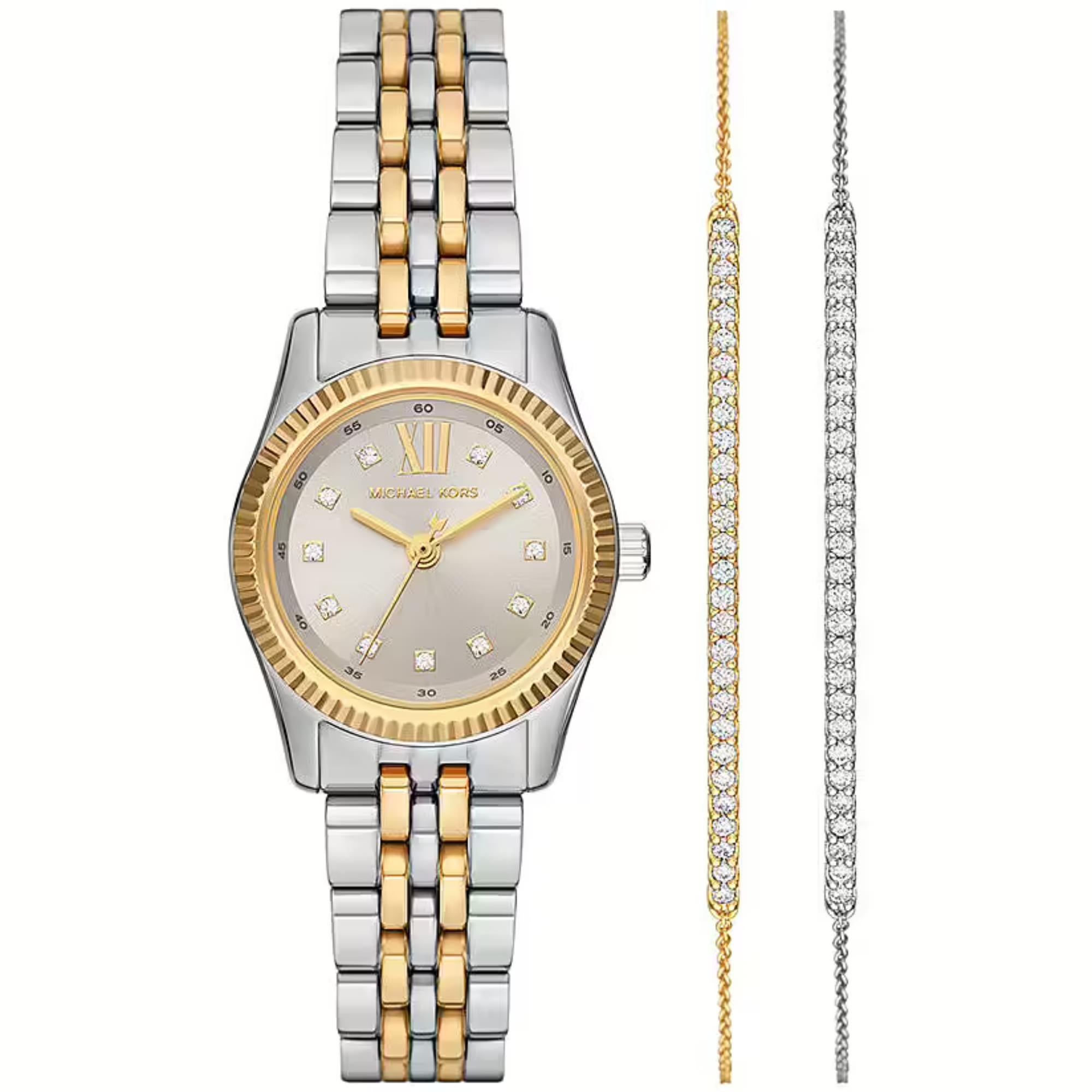 Michael Kors Lexington Zwei-Ton Weiß Zifferblatt Edelstahl Armband Damen Uhr und Armbänder Geschenkset MK4815SET