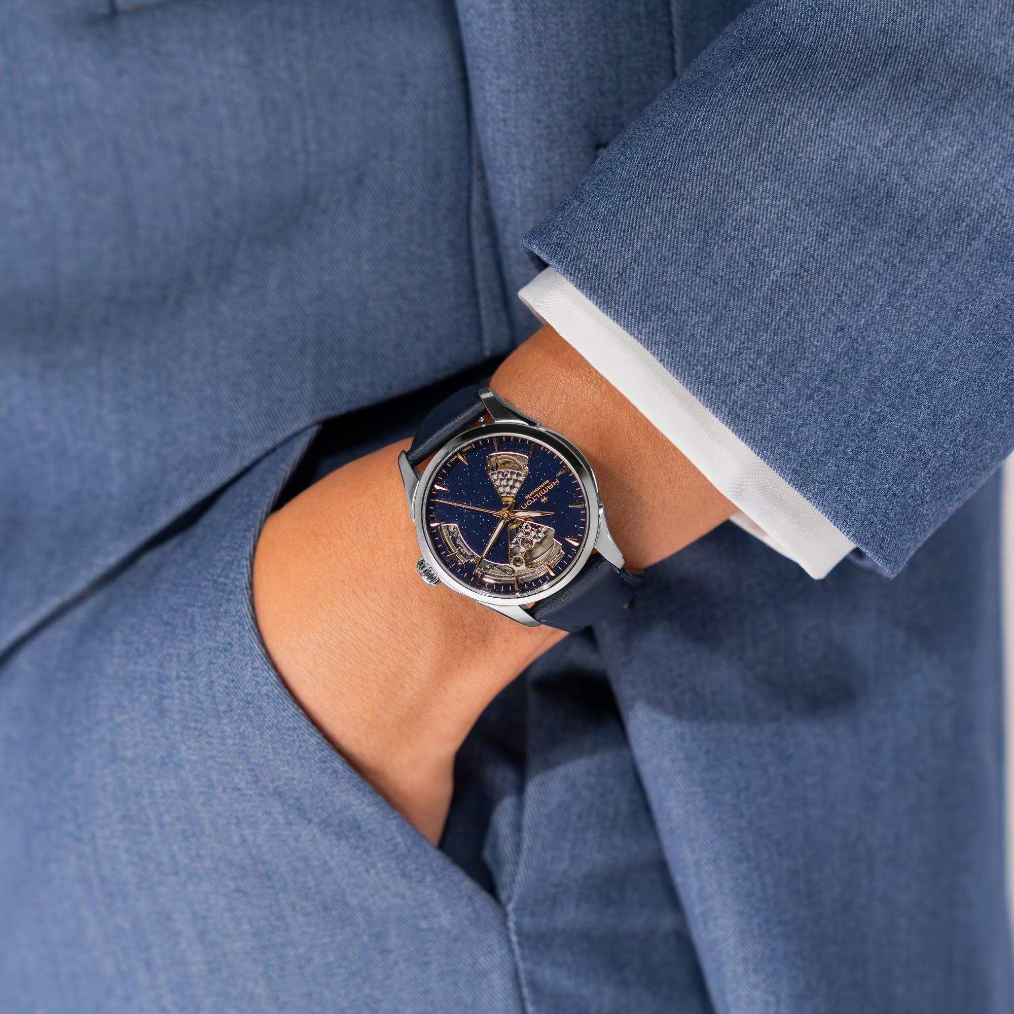 Hamilton Jazzmaster 36mm Offenes Herz Blau Zifferblatt Leder Automatik Uhr H32215642